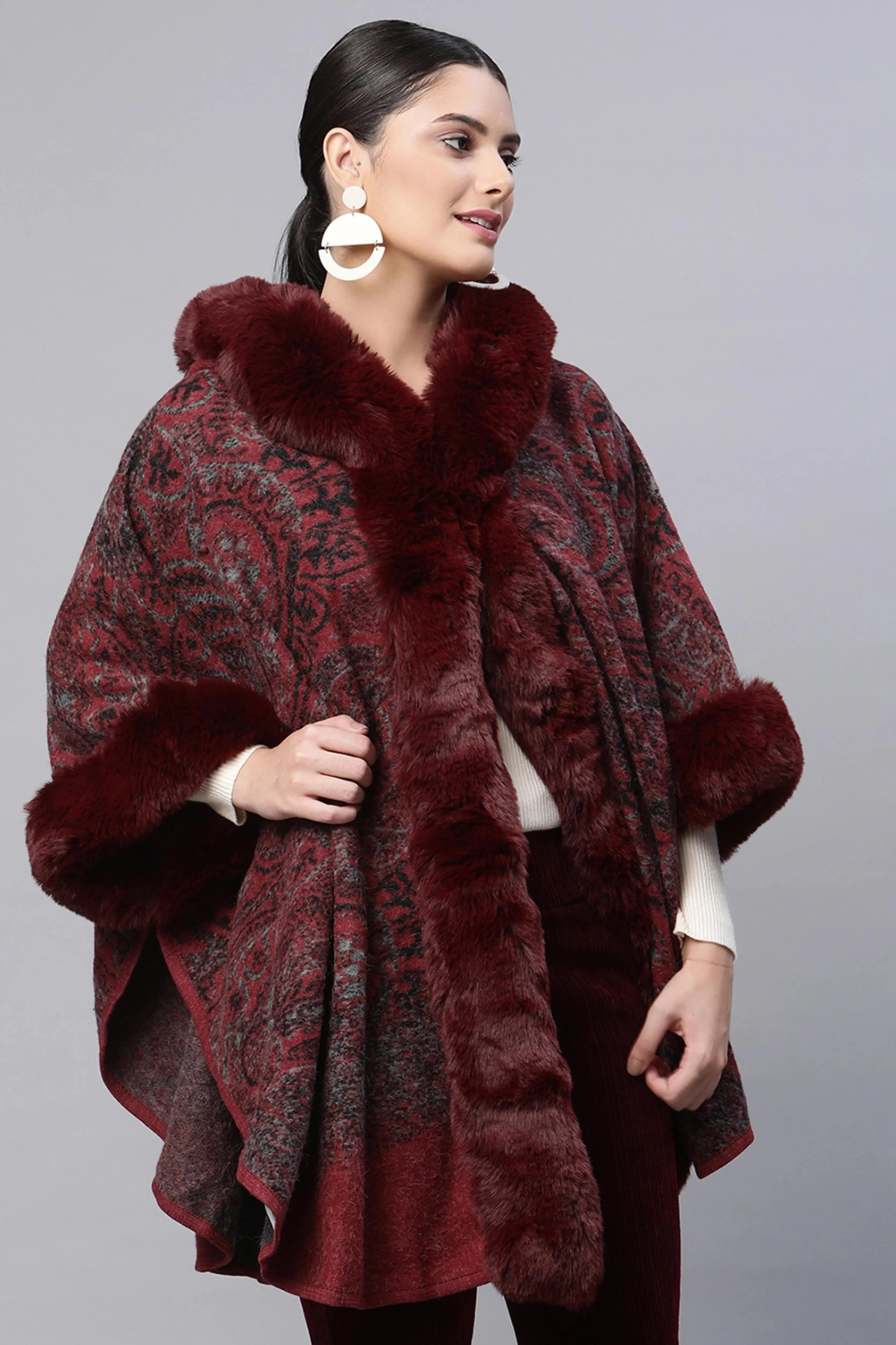 Maroon Hooded Printed Loose Fit Acrylic Cape - Global Republic