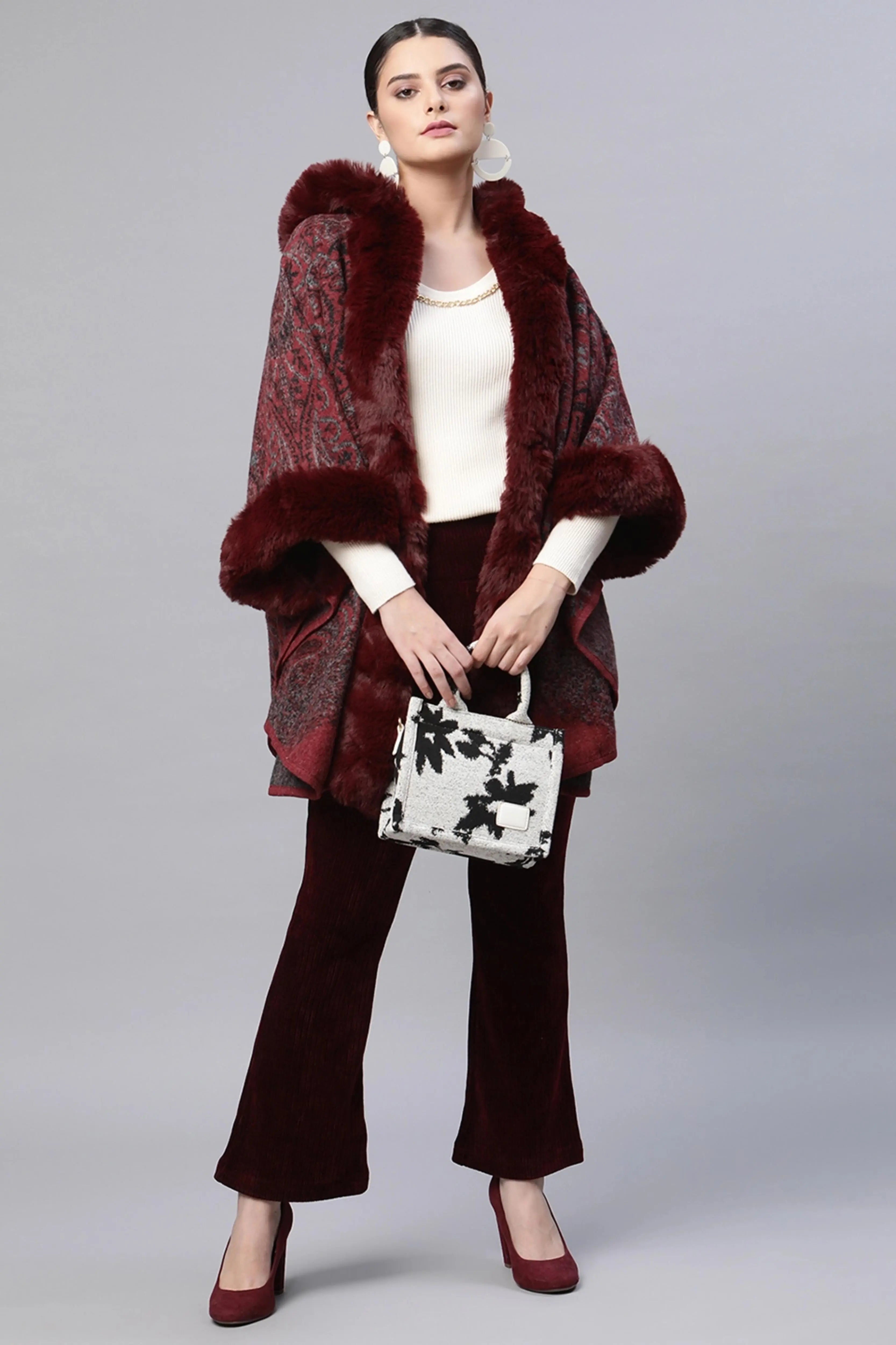 Maroon Hooded Printed Loose Fit Acrylic Cape - Global Republic