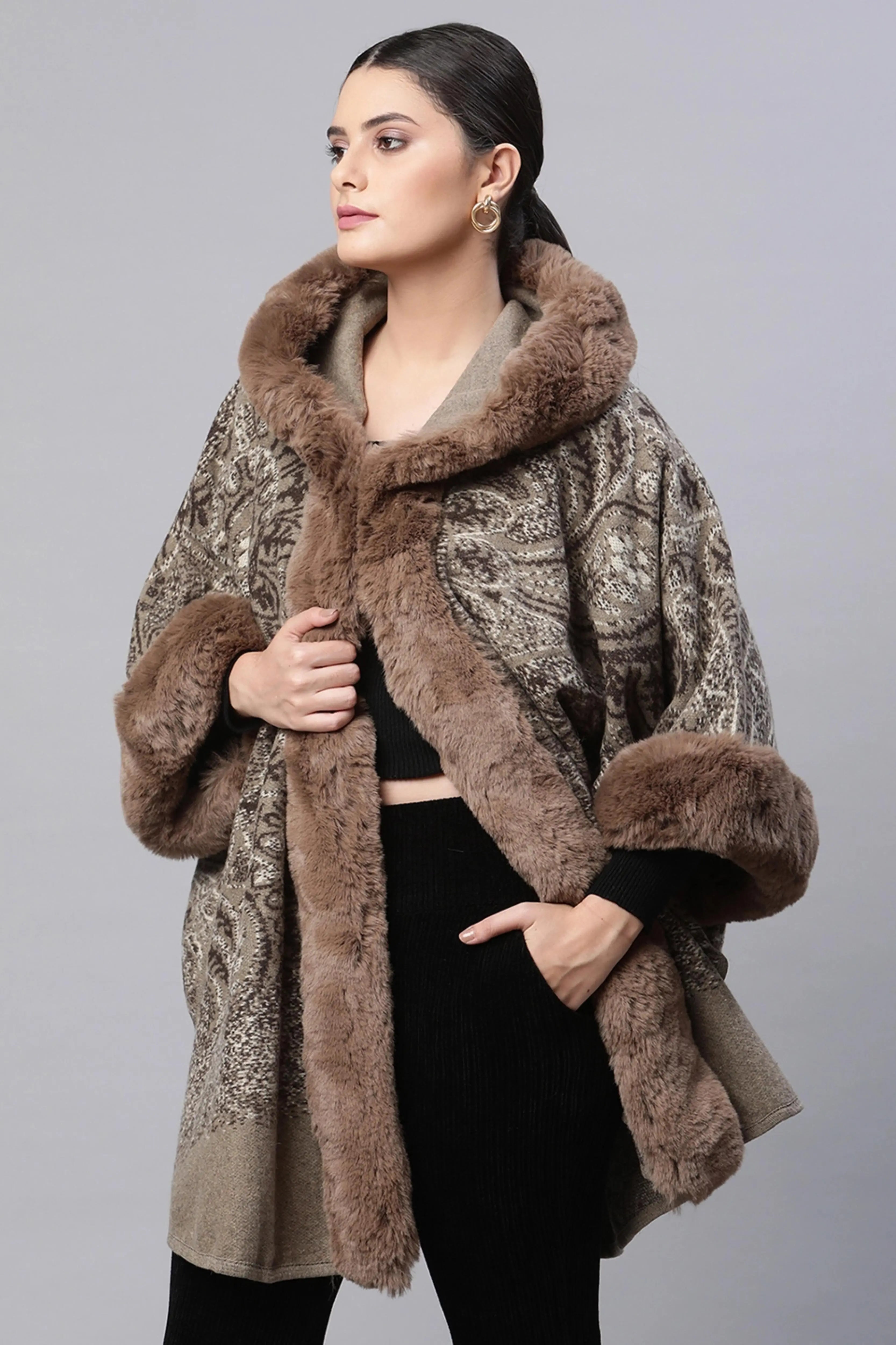 Women Brown Hooded Printed Acrylic Cape - Global Republic