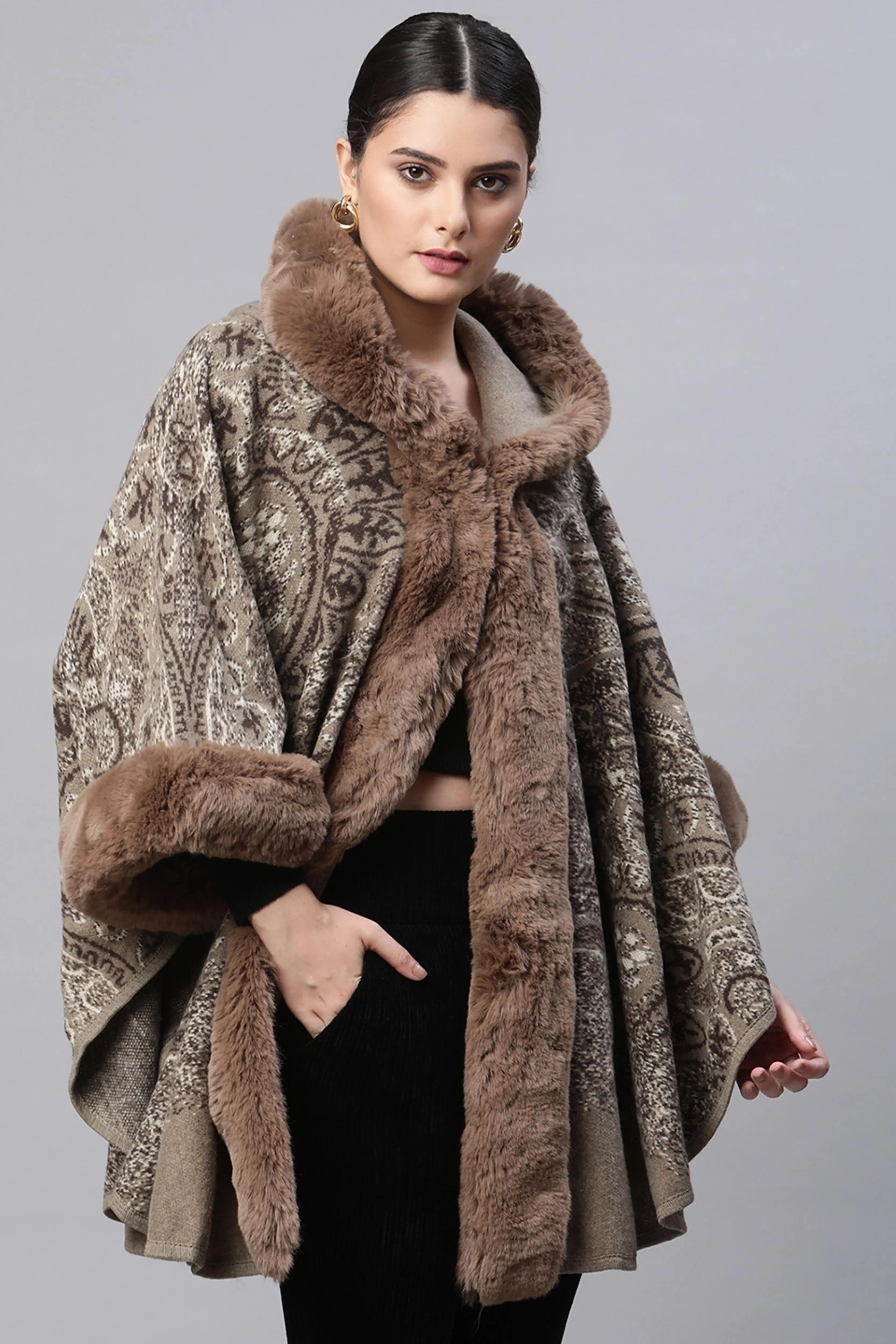 Women Brown Hooded Printed Acrylic Cape - Global Republic