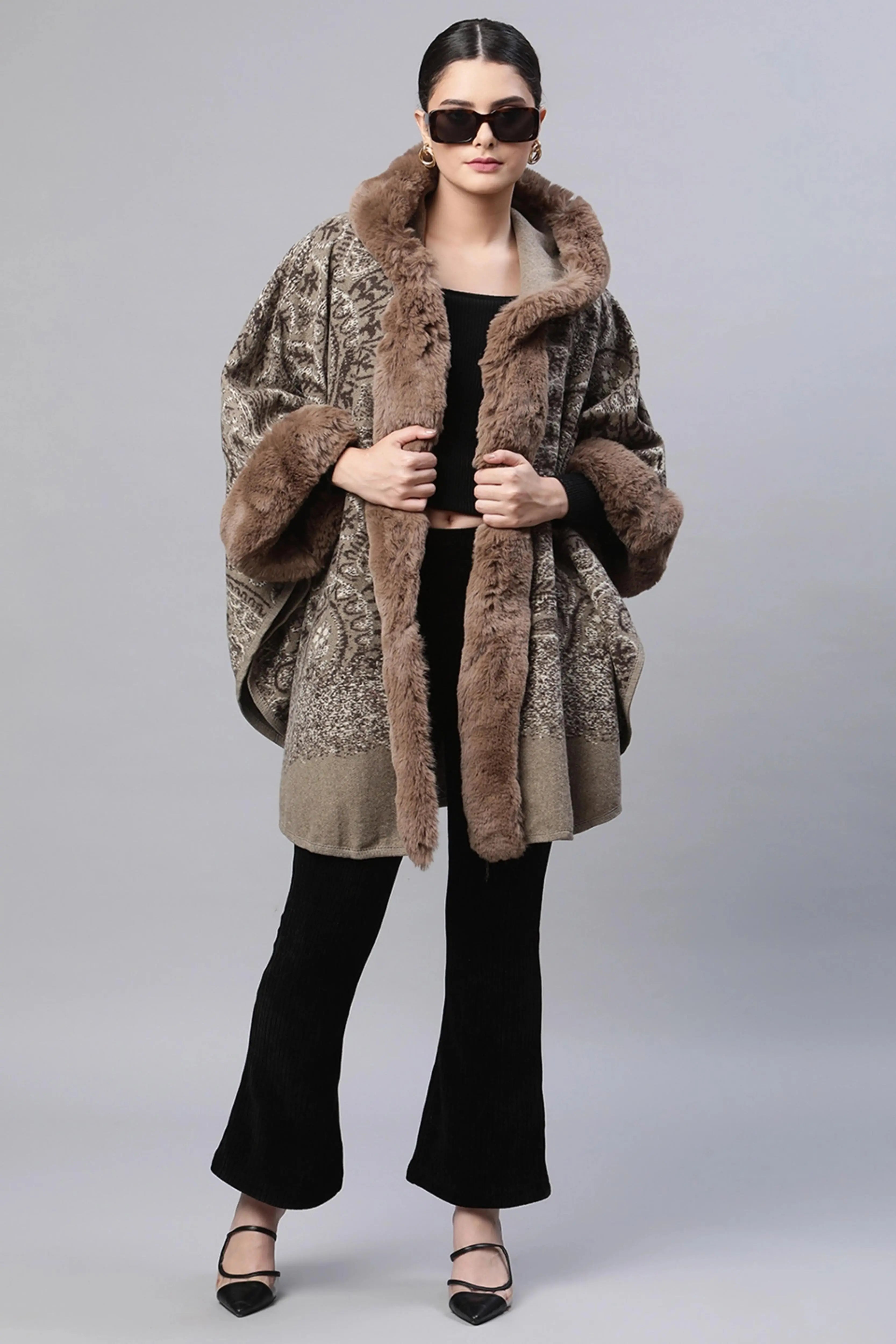 Women Brown Hooded Printed Acrylic Cape - Global Republic