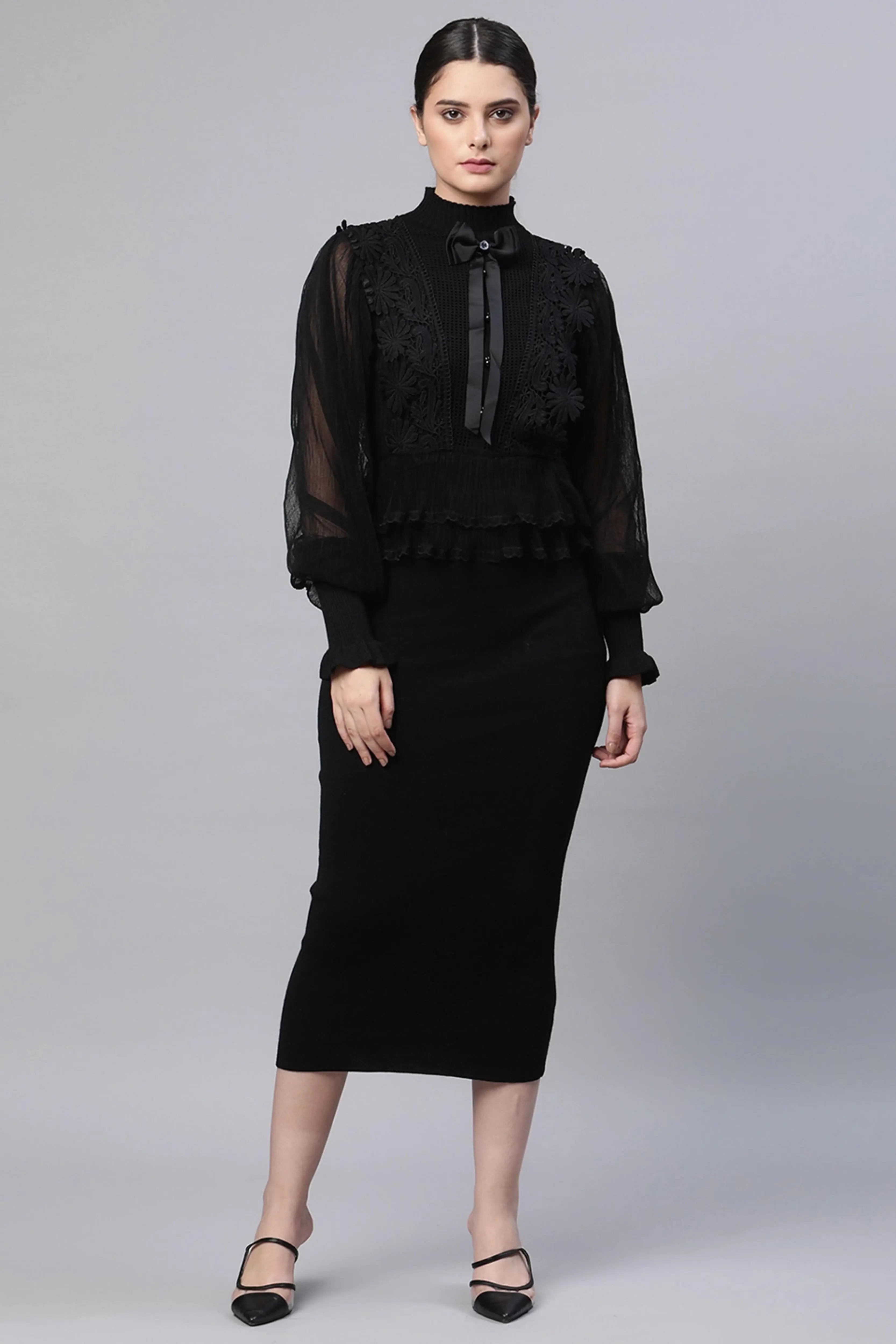 Women Turtle Neck Ruffled Full Sleeves Black Regular Fit Viscose Dress - Global Republic