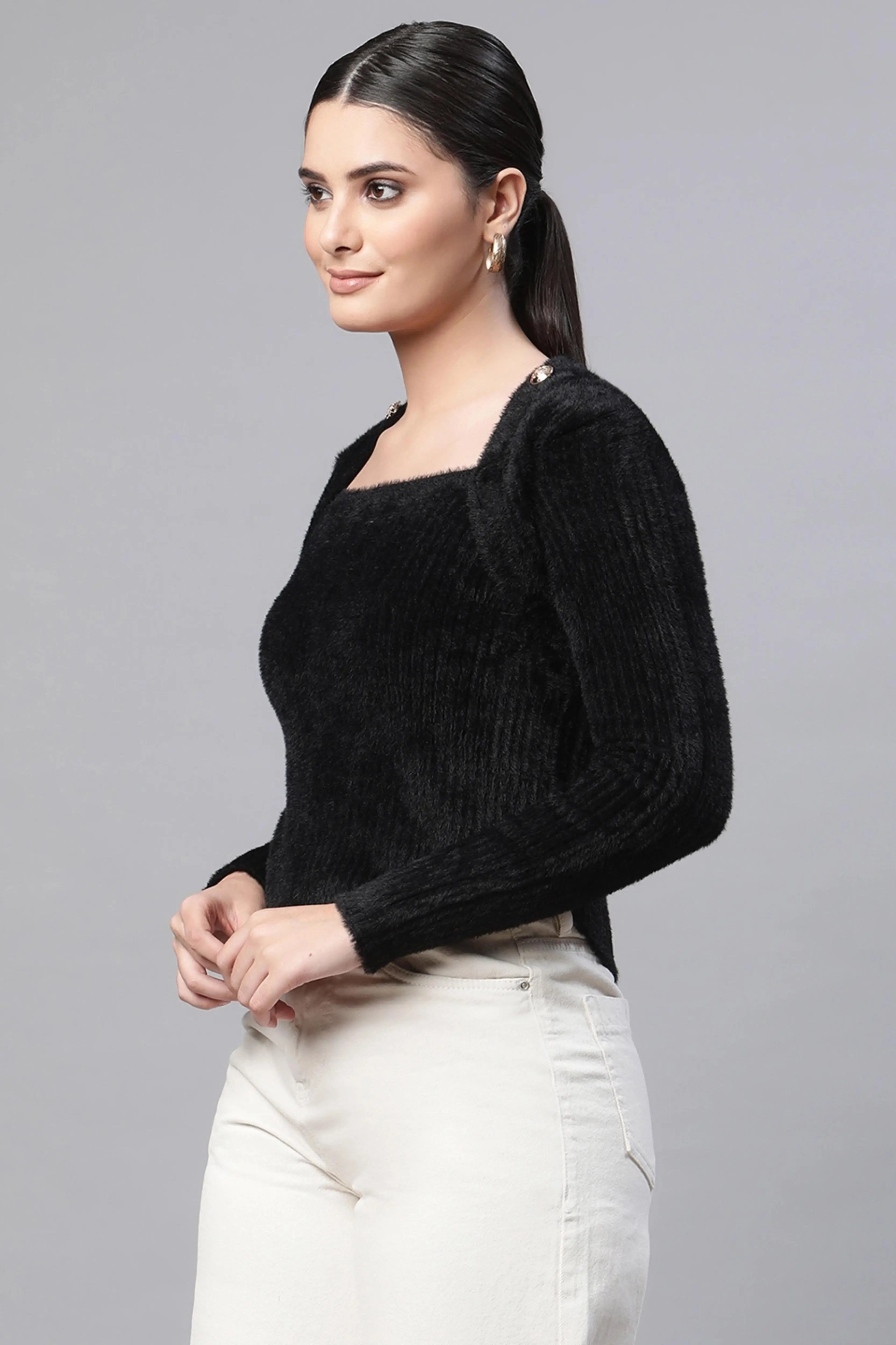 Black Square Neck Acrylic Pullover - Global Republic