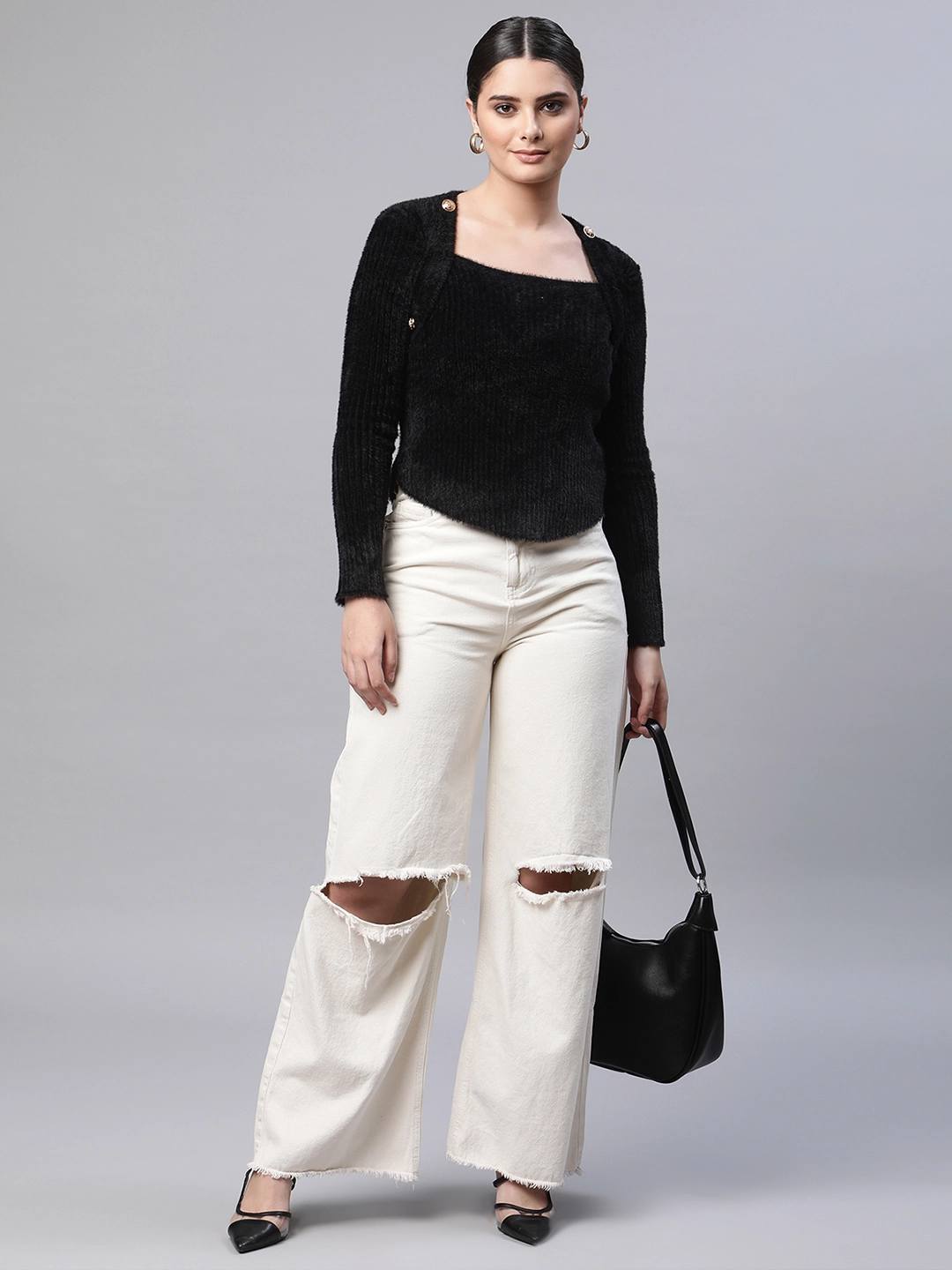 Black Square Neck Acrylic Pullover - Global Republic