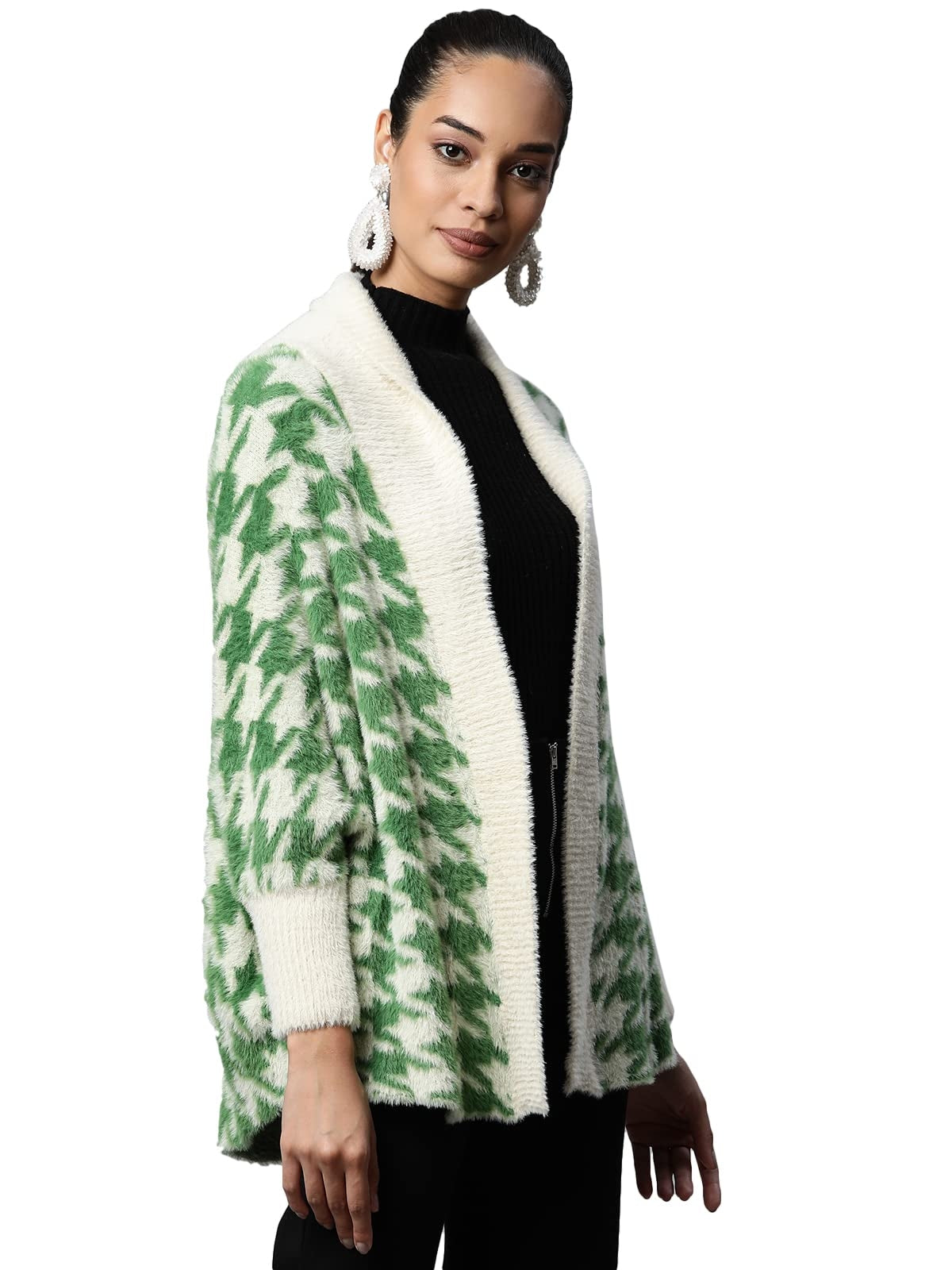 Women Green Shawl Collar Houndstooth Shrug - Global Republic