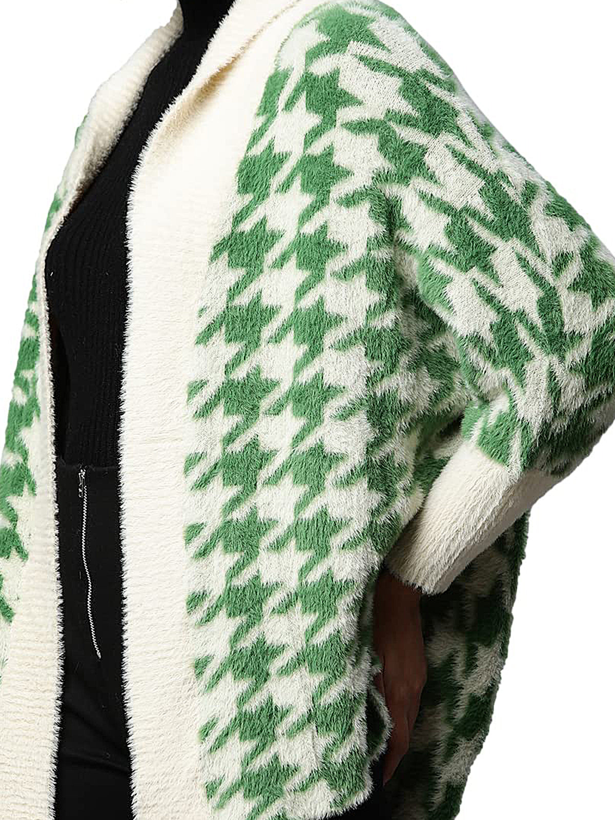 Women Green Shawl Collar Houndstooth Shrug - Global Republic