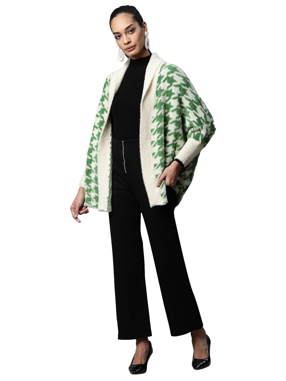 Women Green Shawl Collar Houndstooth Shrug - Global Republic