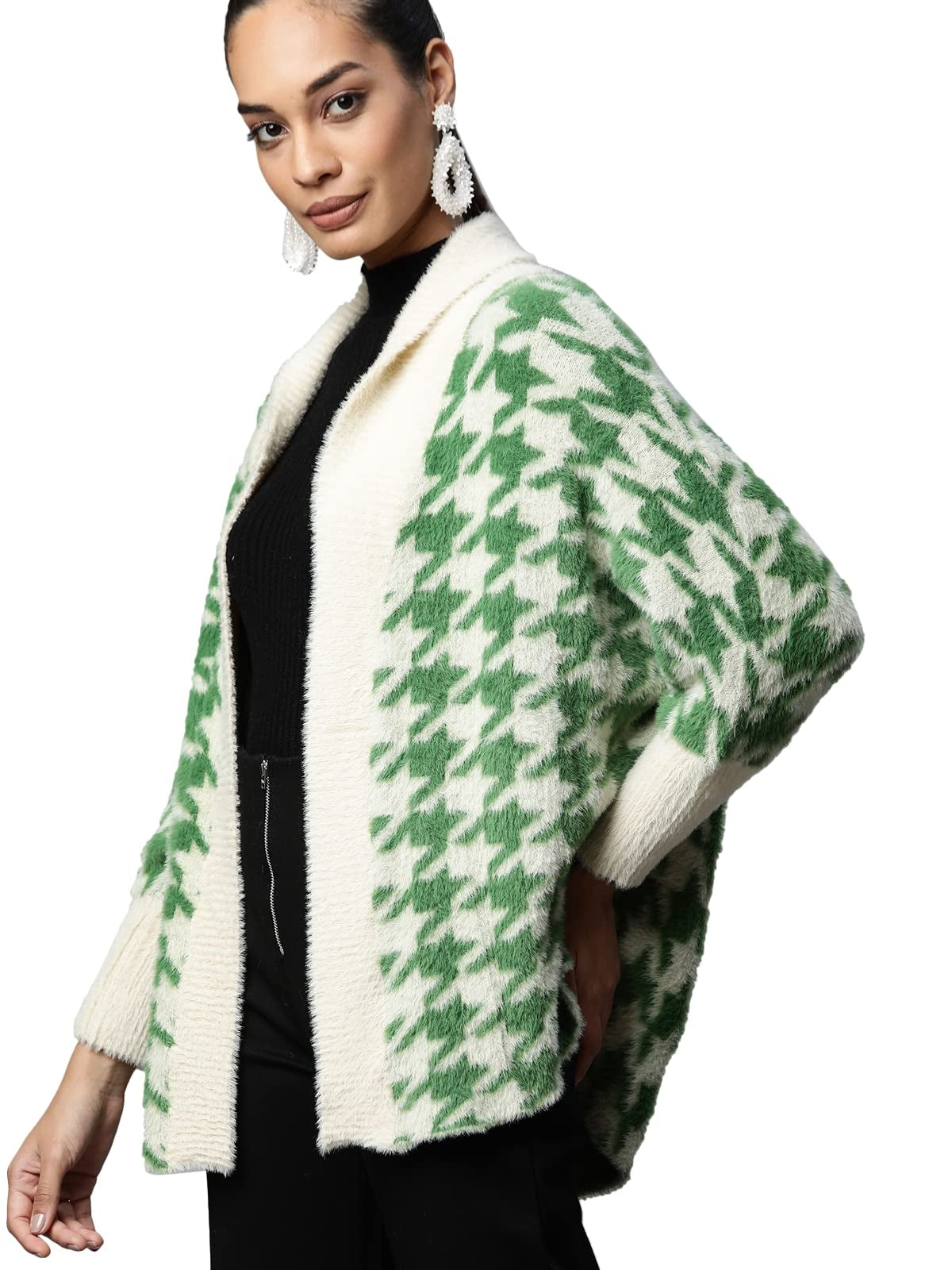 Women Green Shawl Collar Houndstooth Shrug - Global Republic