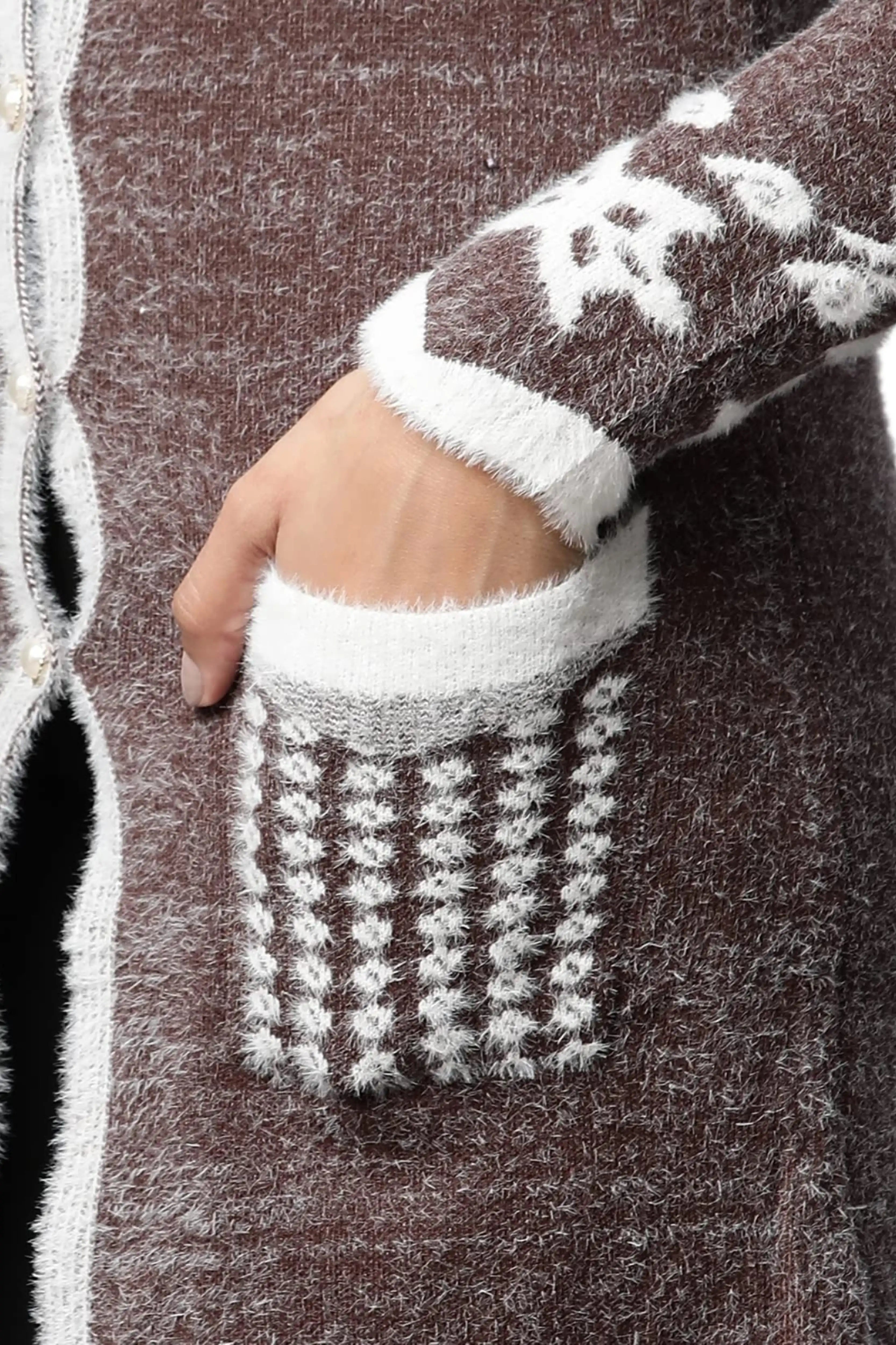 Coffee Wool Blend Embroidered Cardigan