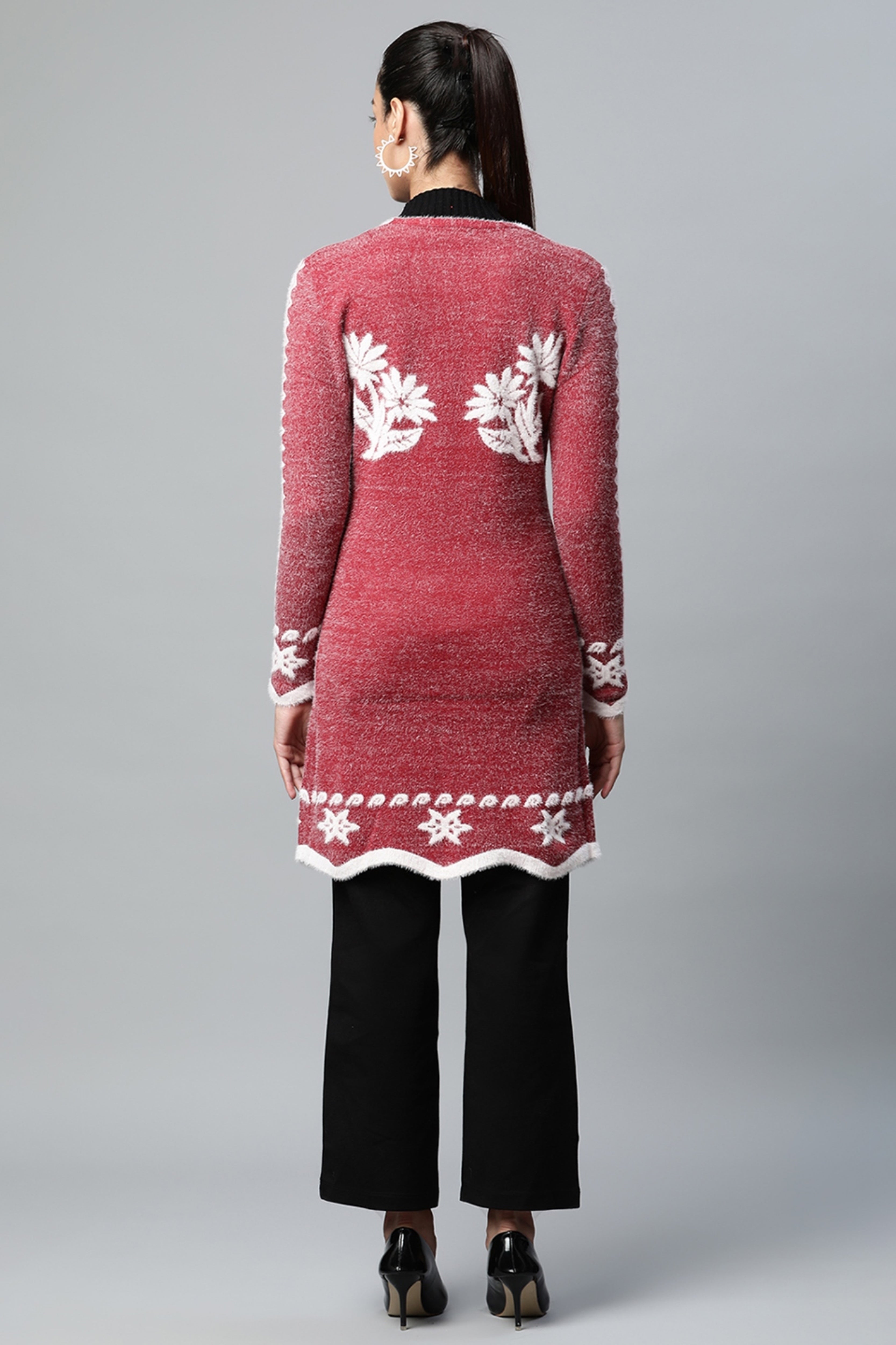 Wine Floral Wool Blend Long Cardigan