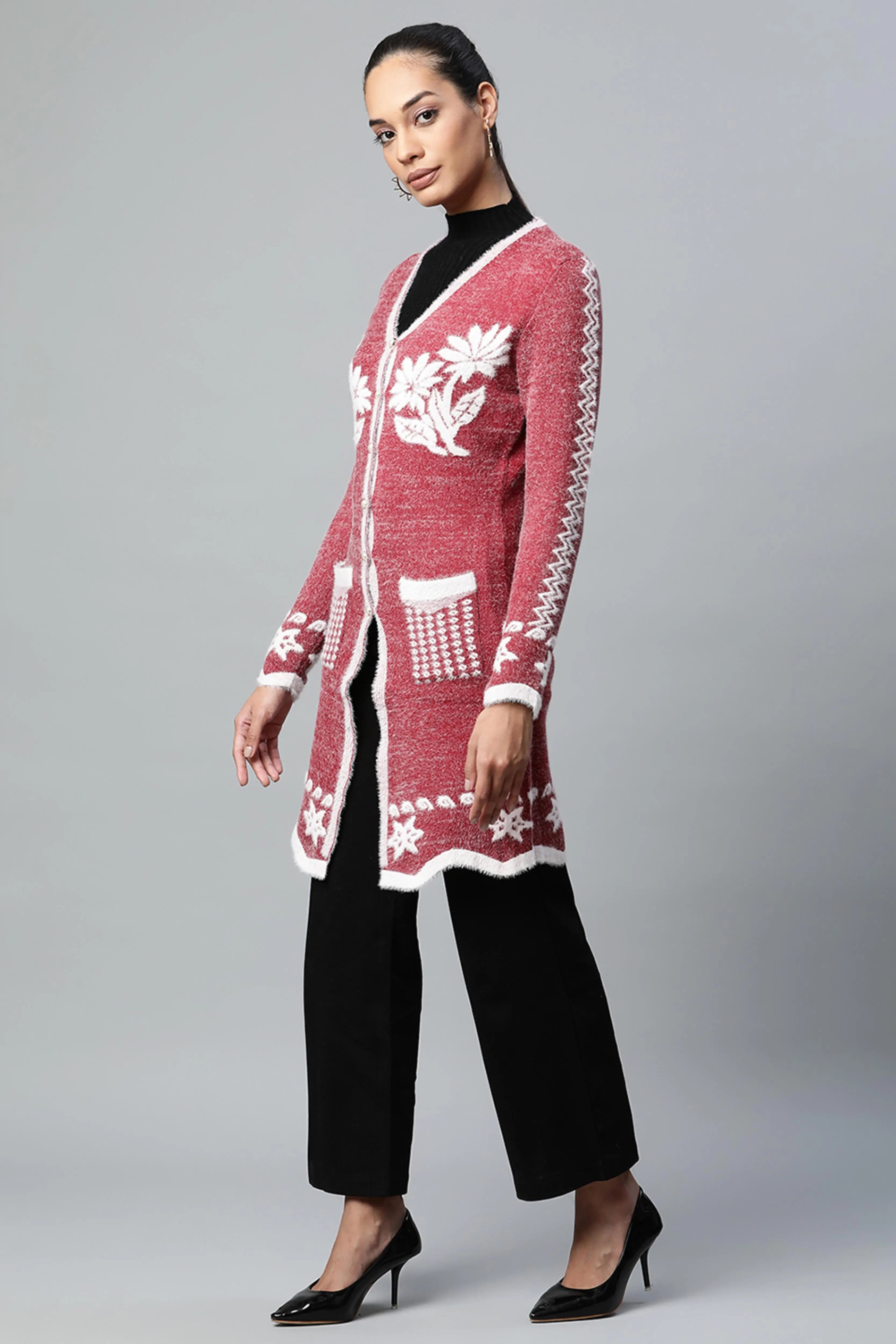 Wine Floral Wool Blend Long Cardigan