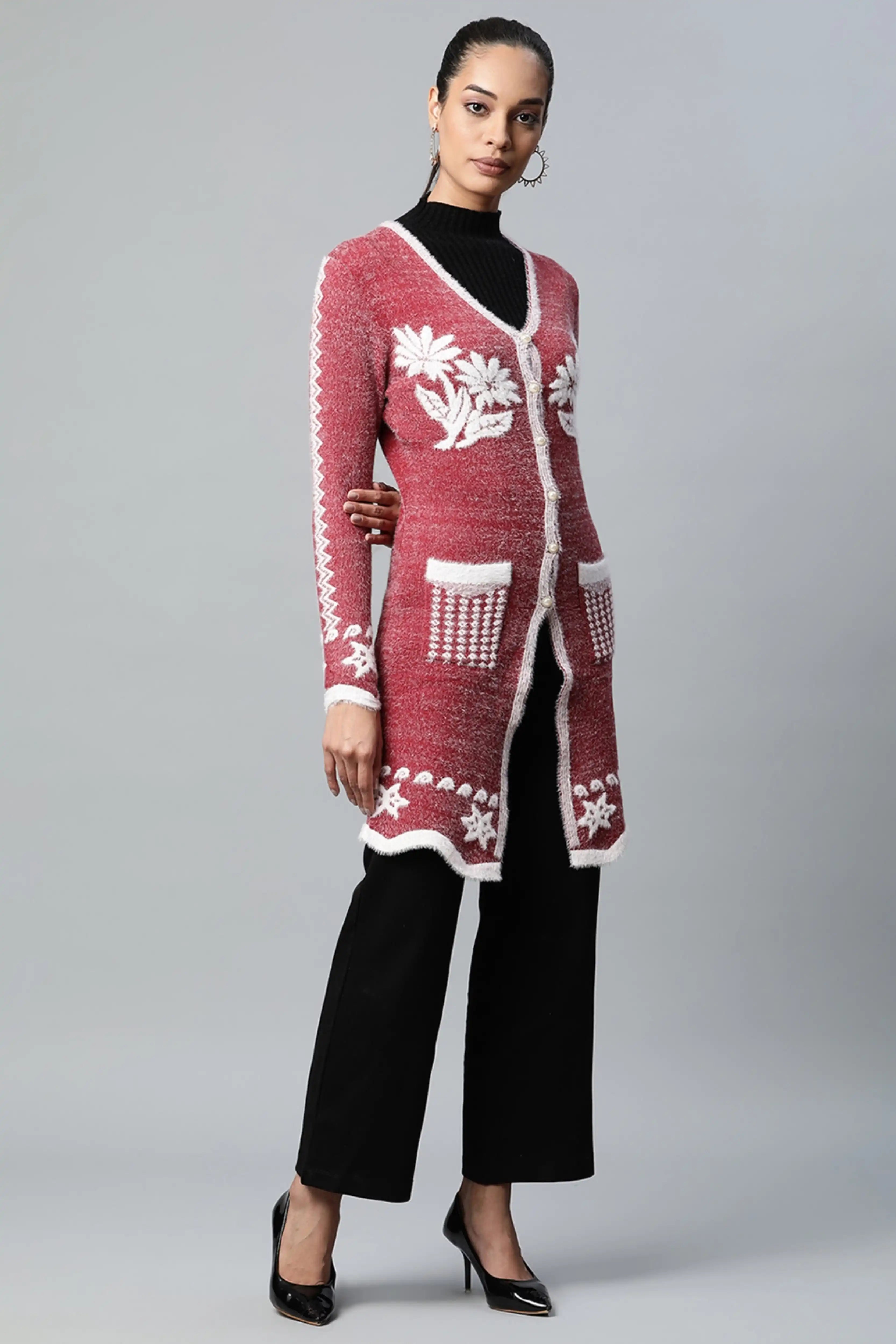 Wine Floral Wool Blend Long Cardigan