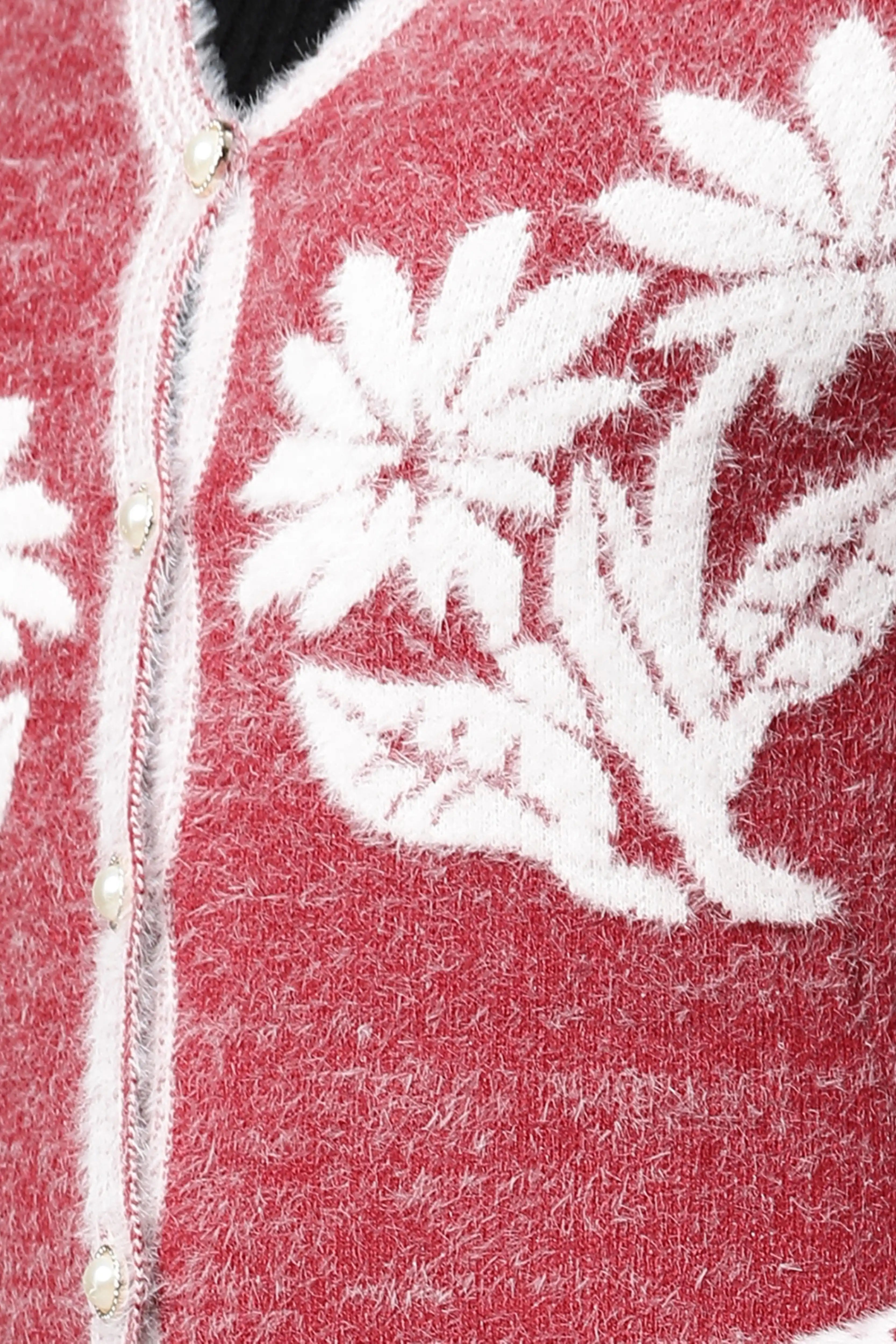 Wine Floral Wool Blend Long Cardigan