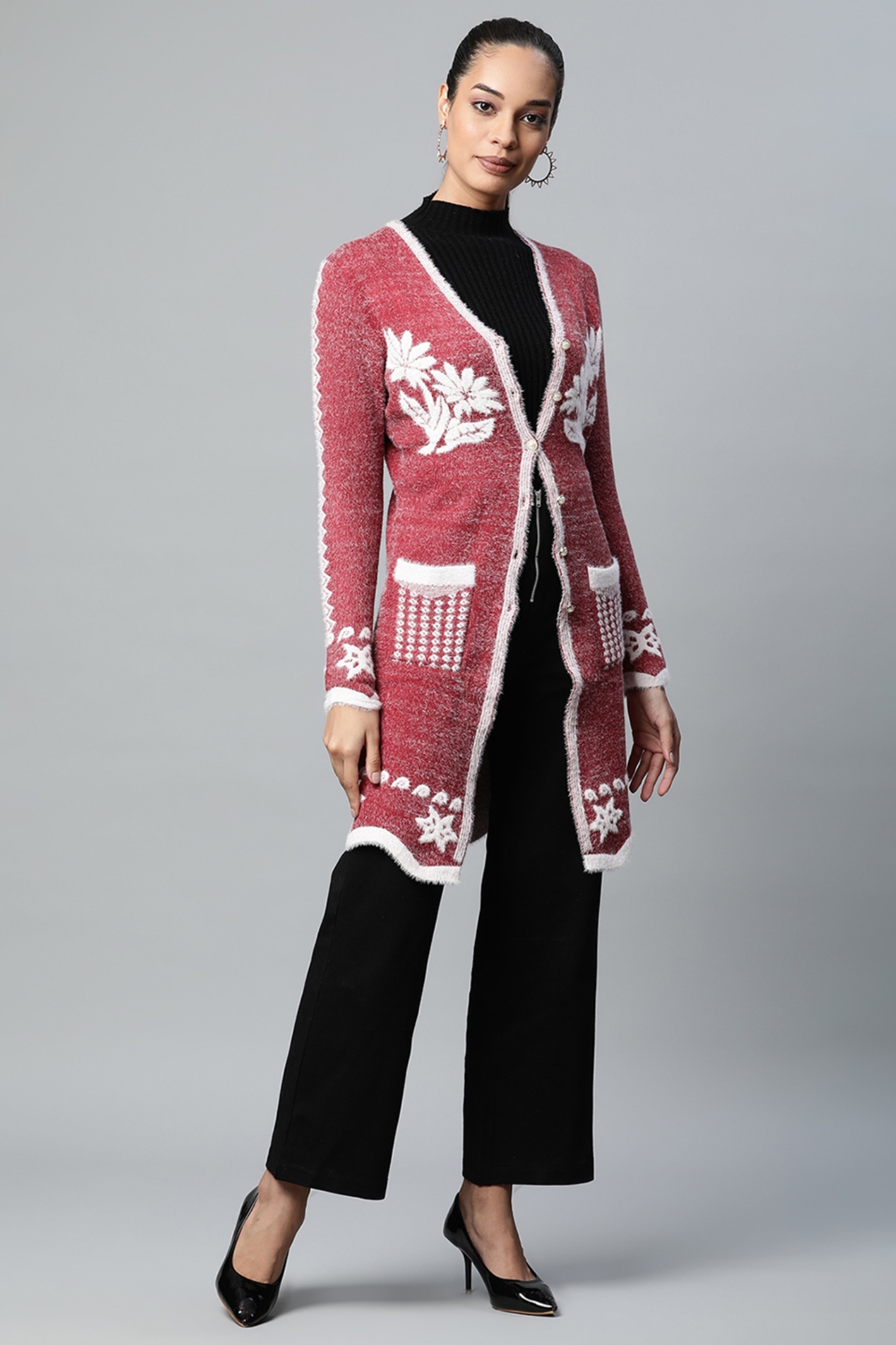 Wine Floral Wool Blend Long Cardigan