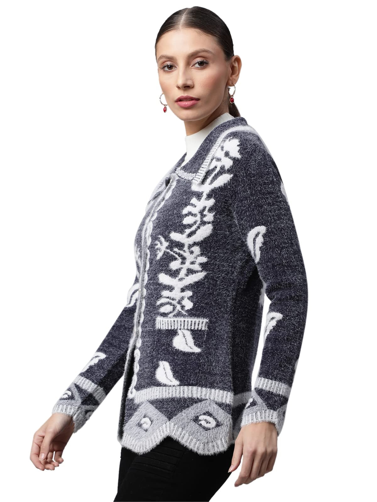 Navy Floral & Furry Cardigan - Global Republic