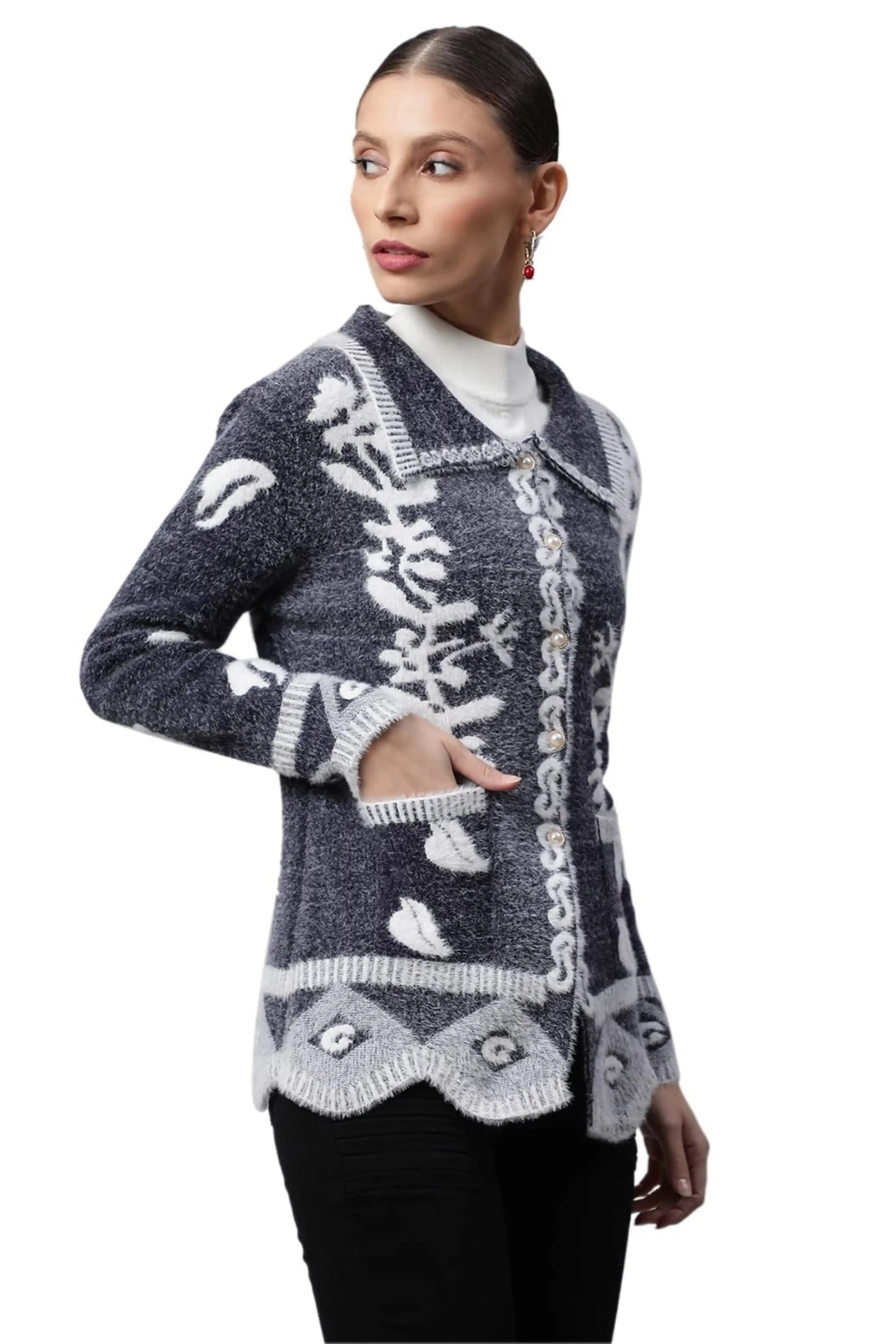 Navy Floral & Furry Cardigan