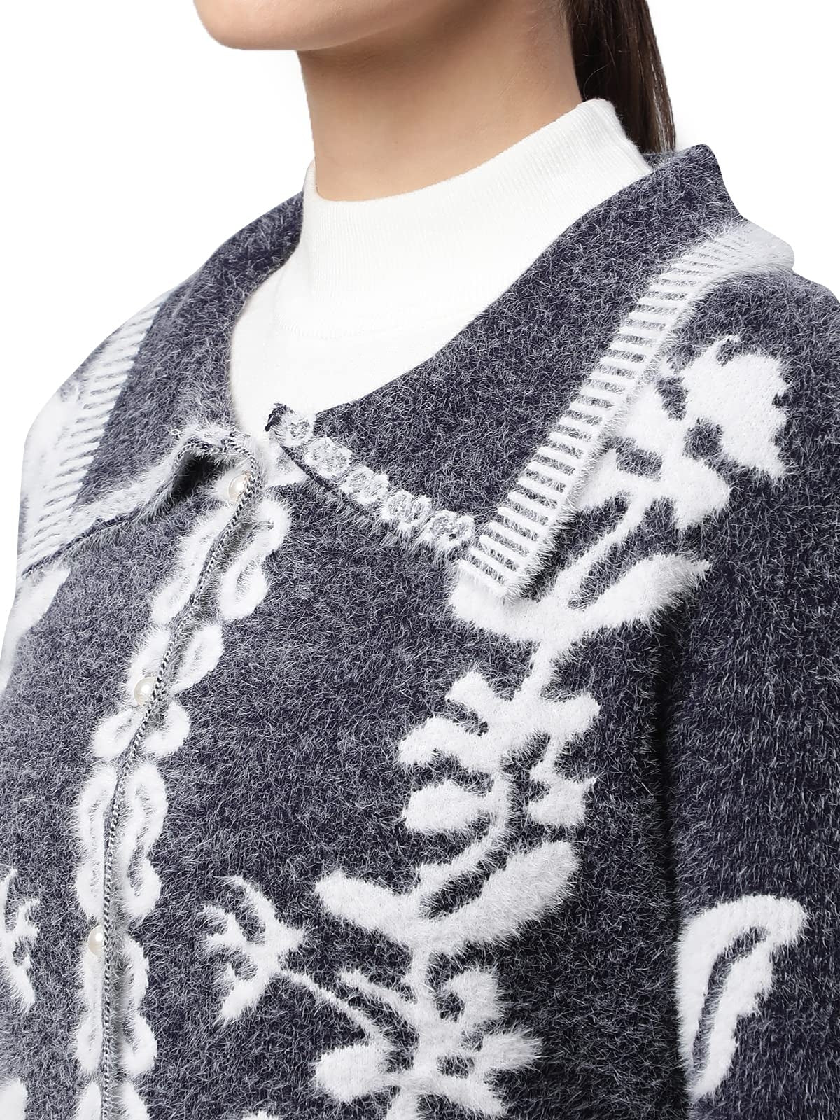 Navy Floral & Furry Cardigan - Global Republic