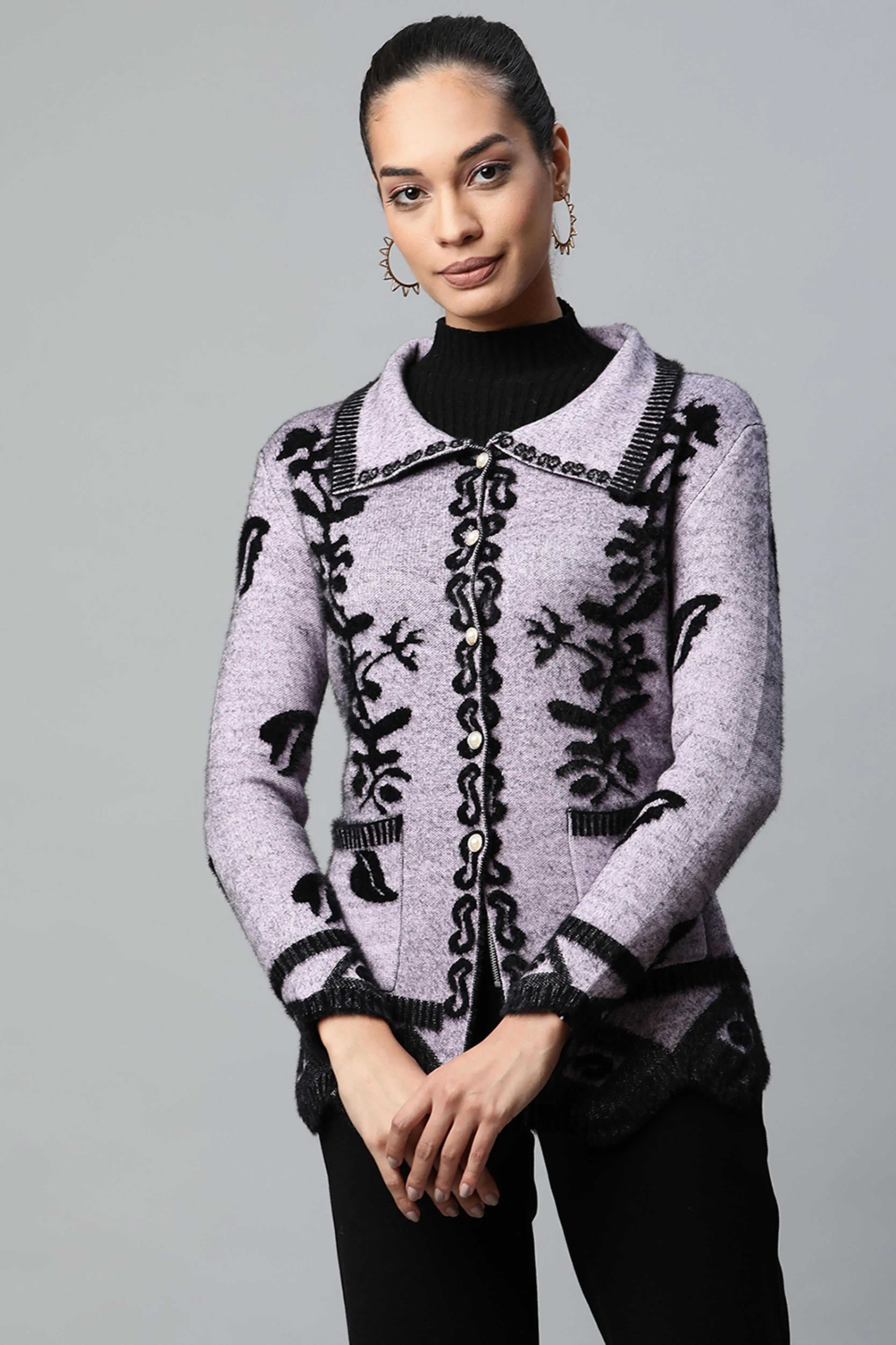 Light Purple Floral Knitted Cardigan - Global Republic