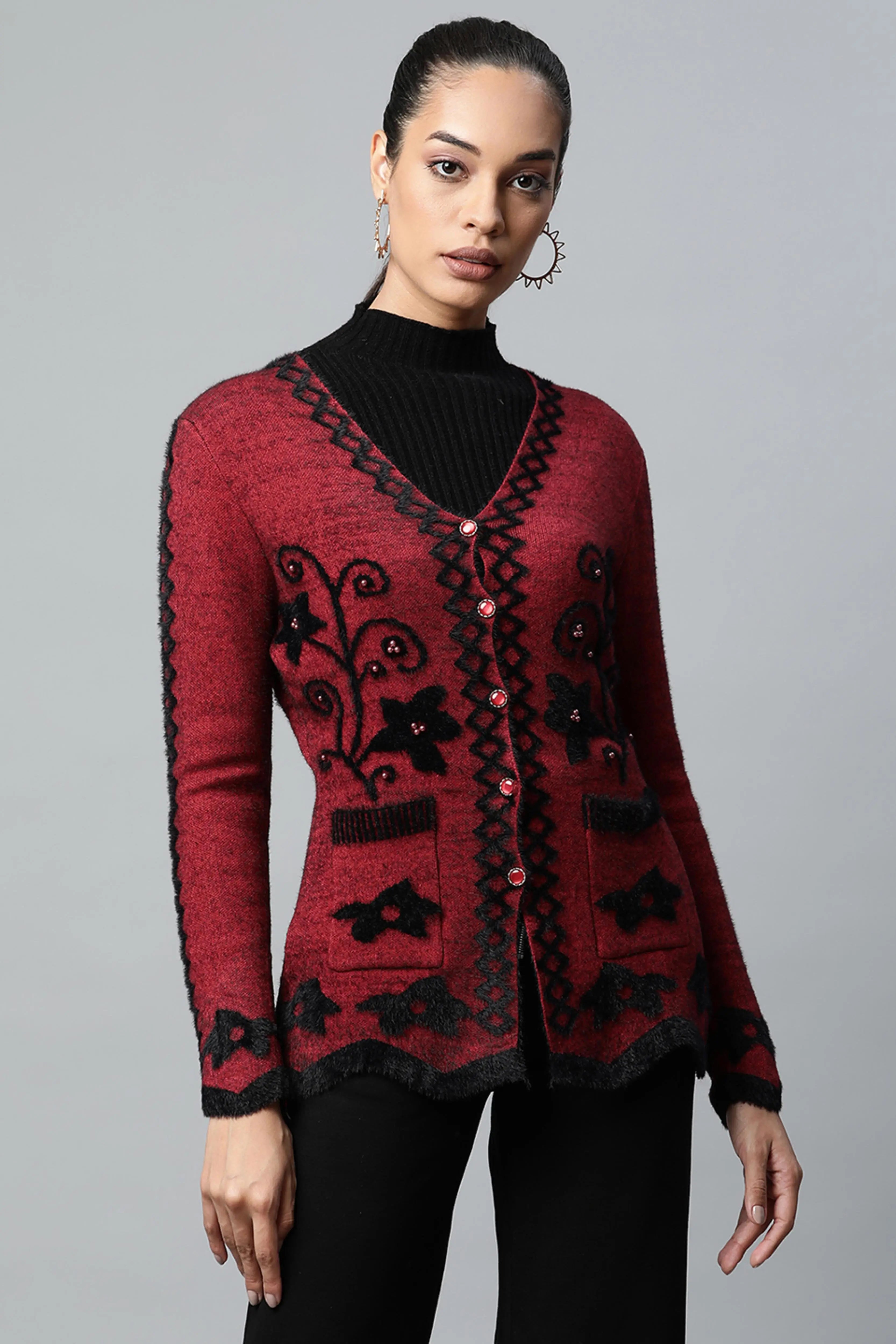 Maroon Floral Knitted Cardigan - Global Republic