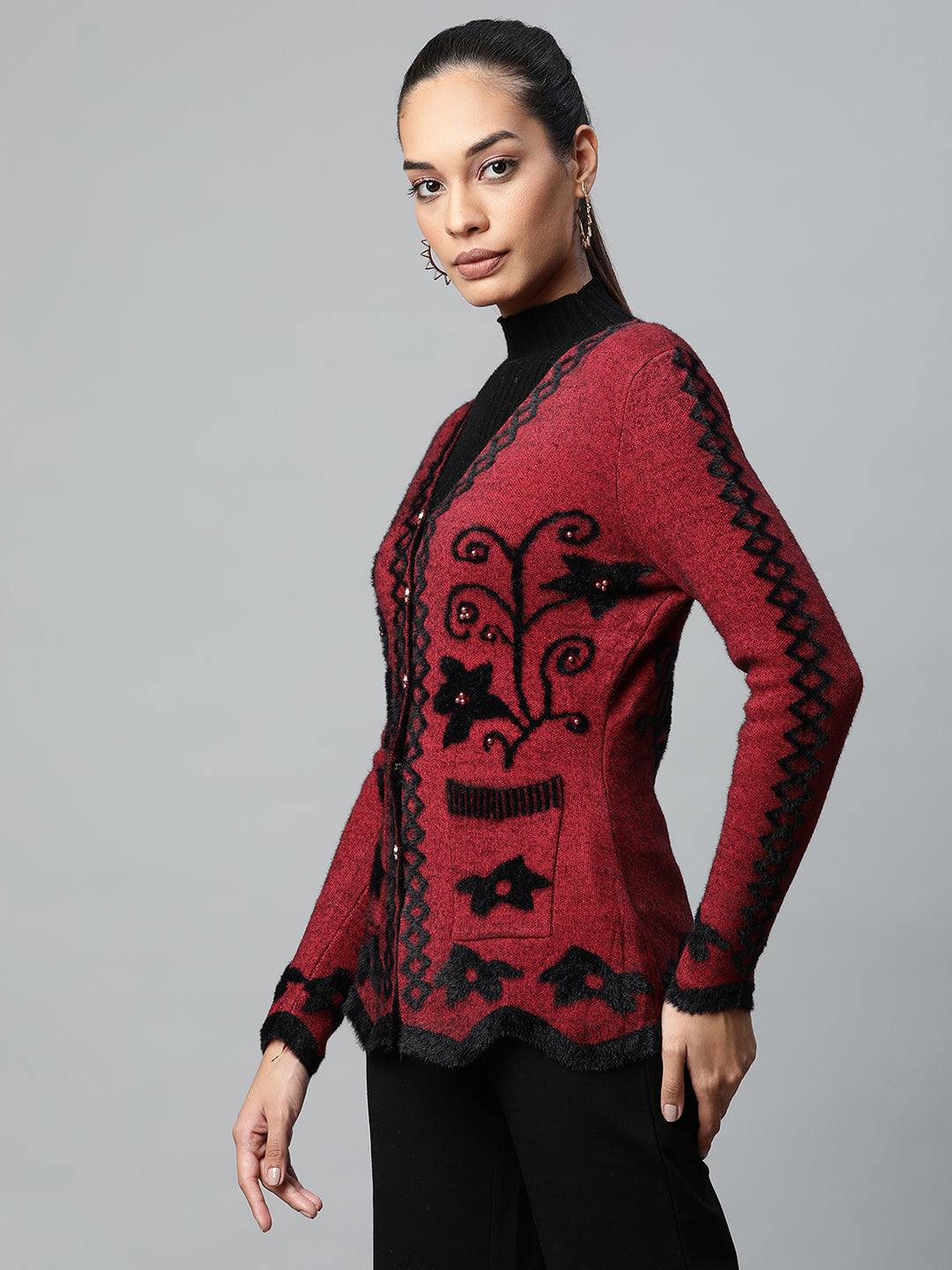 Maroon Floral Knitted Cardigan - Global Republic