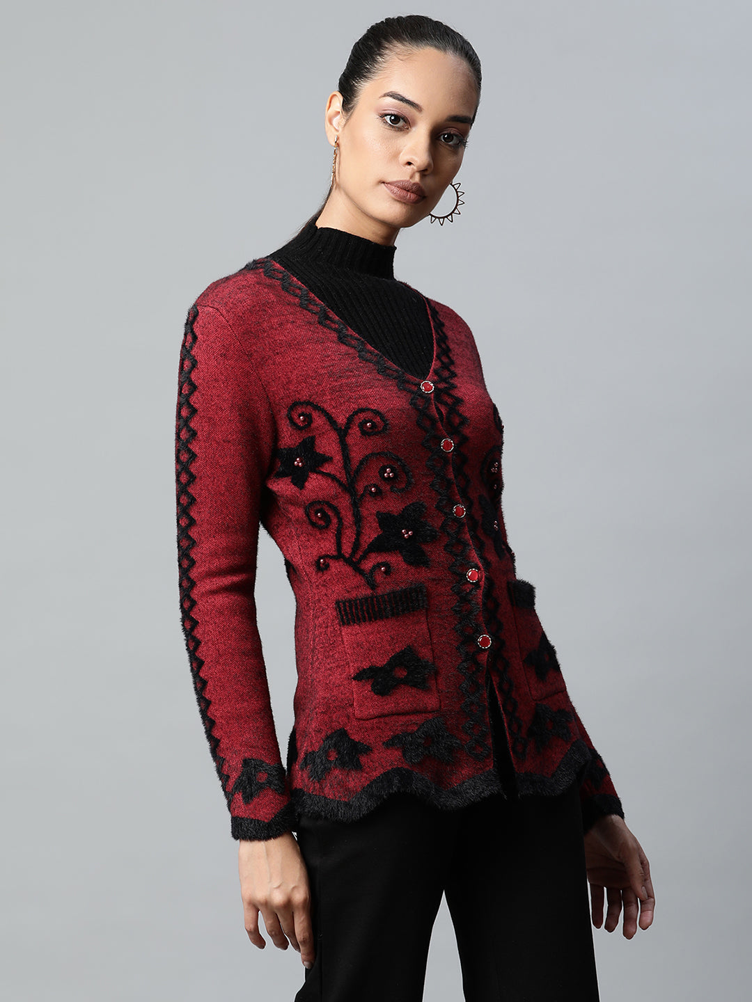 Maroon Floral Knitted Cardigan - Global Republic