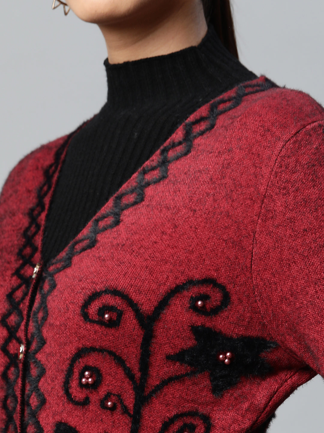 Maroon Floral Knitted Cardigan - Global Republic