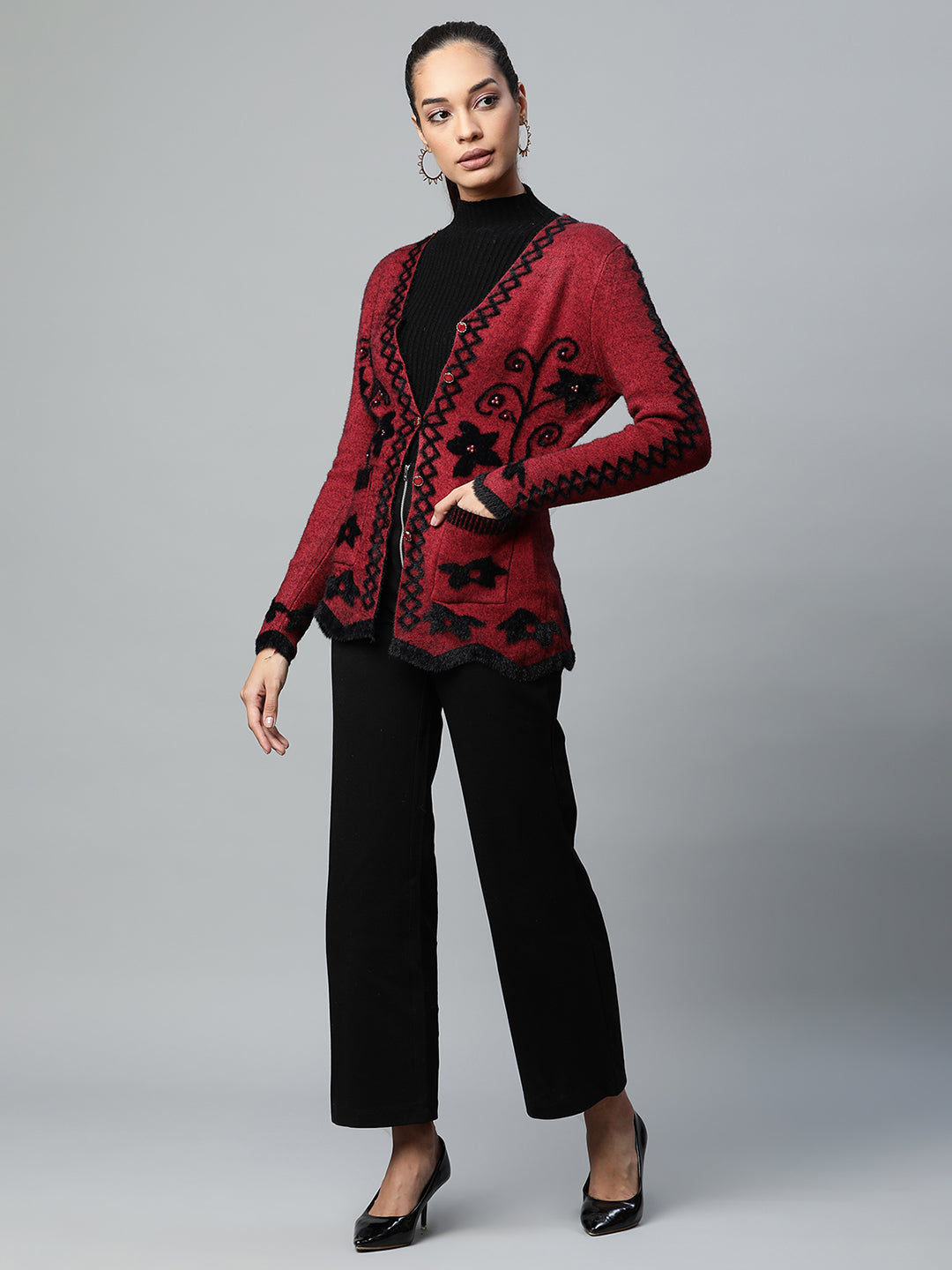 Maroon Floral Knitted Cardigan - Global Republic