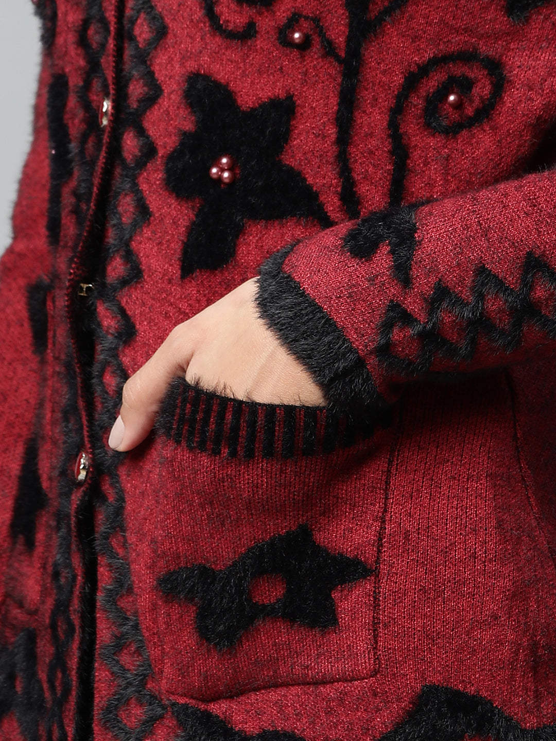 Maroon Floral Knitted Cardigan - Global Republic