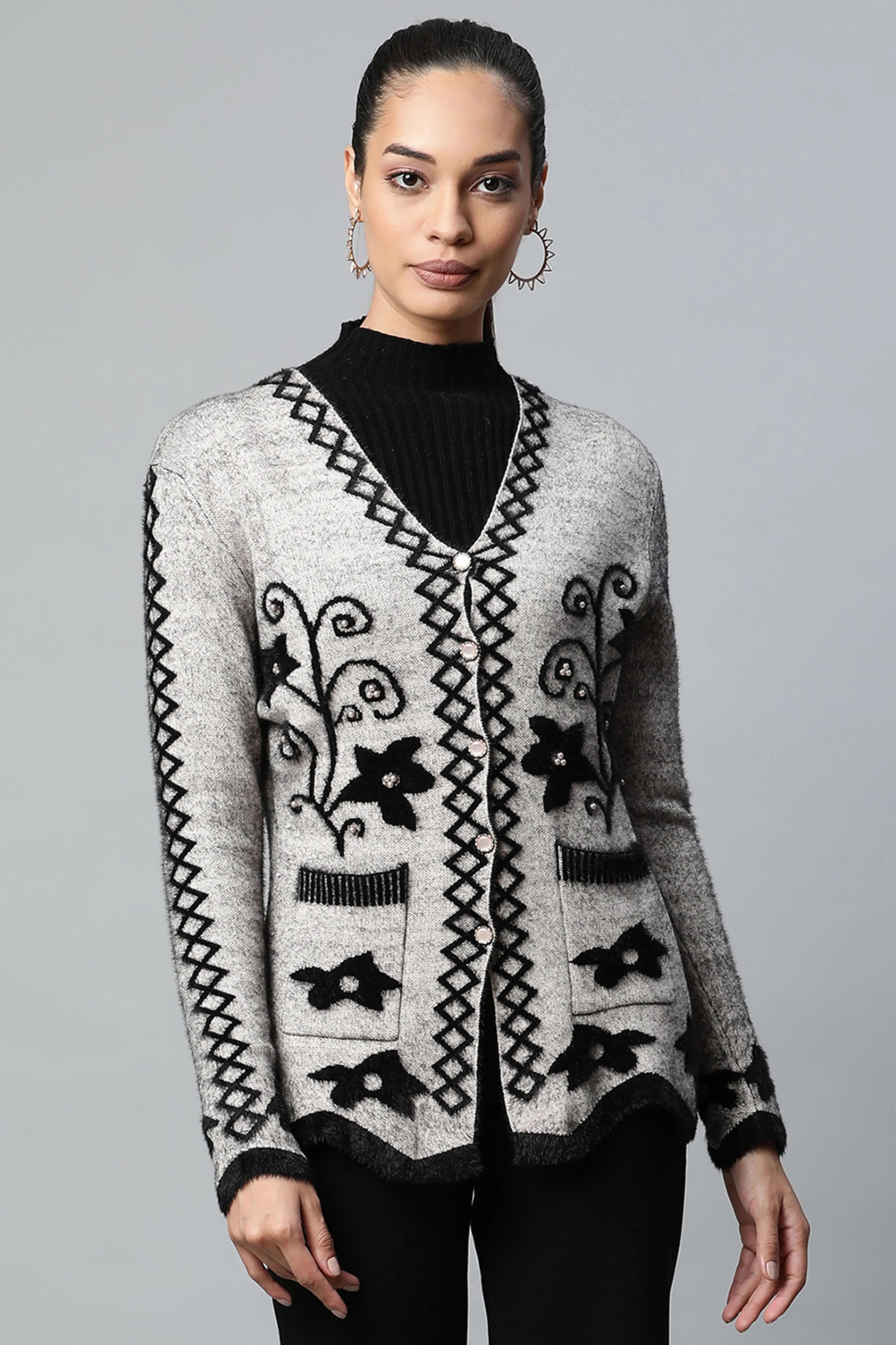 Khaki Floral Knitted Cardigan - Global Republic