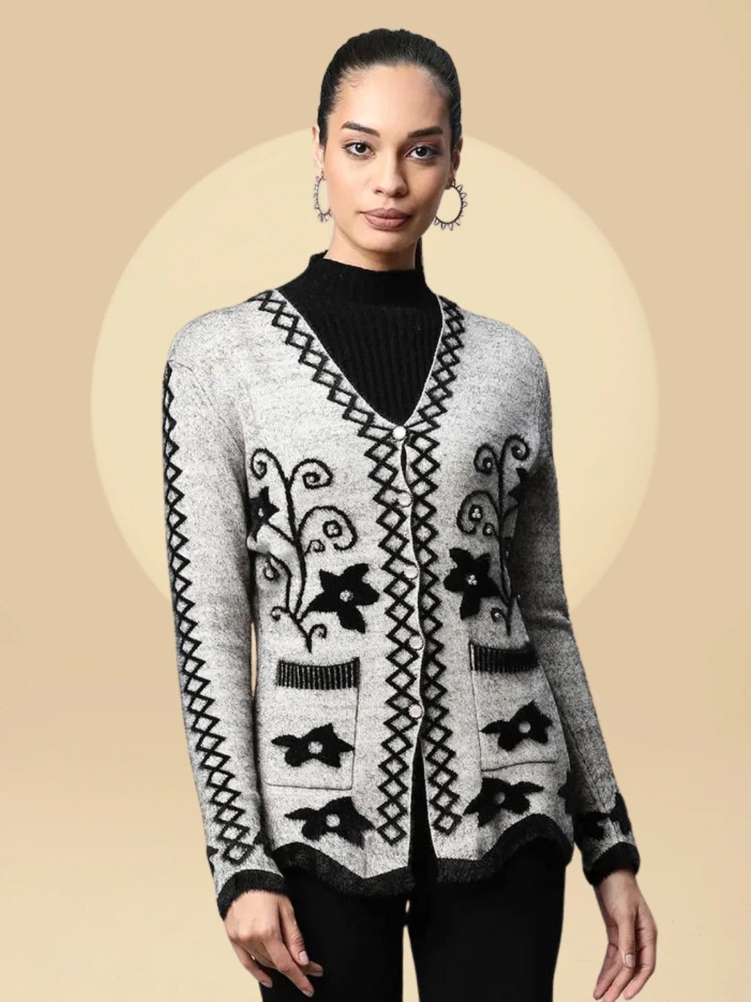 Khaki Floral Knitted Cardigan - Global Republic