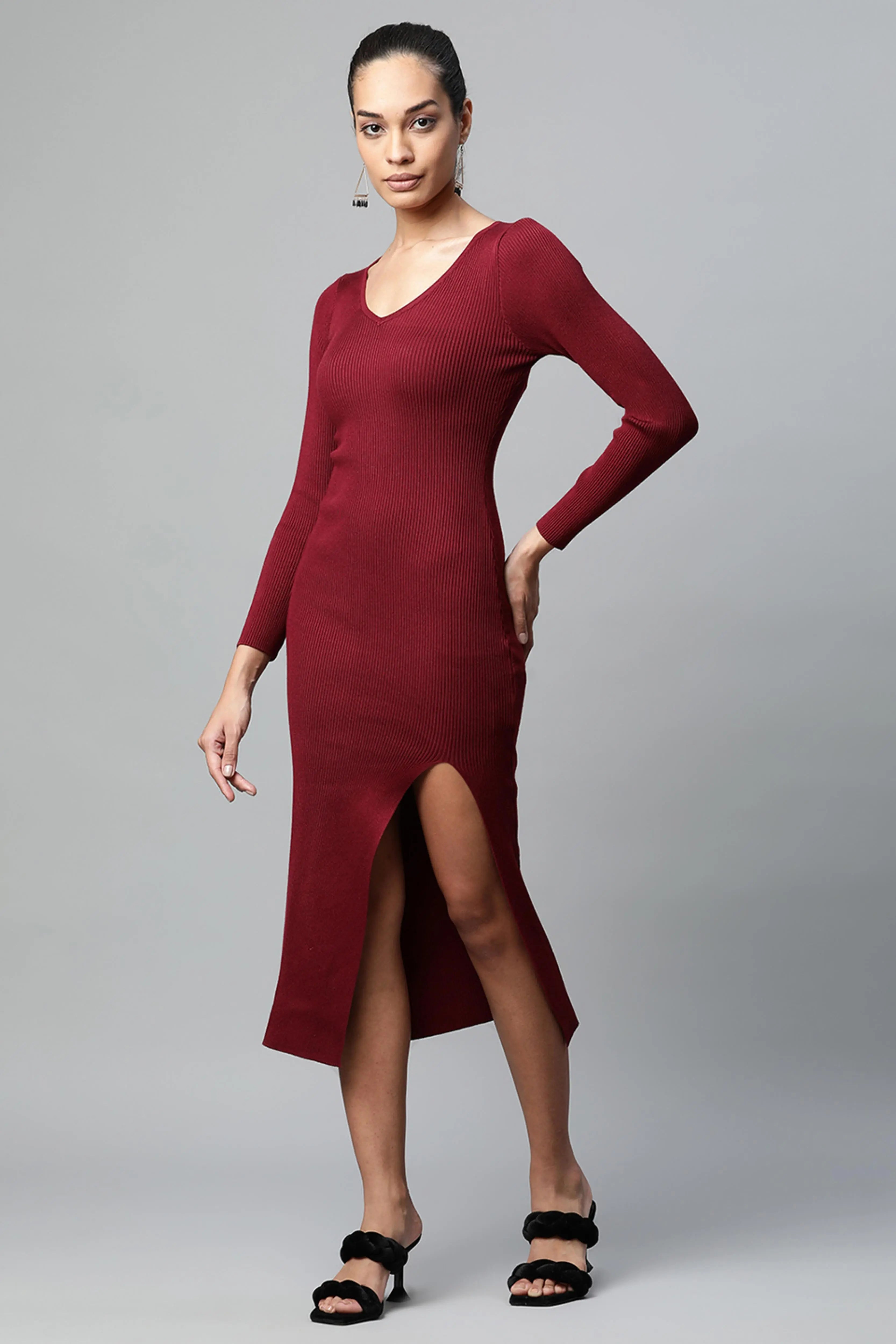 women wine thigh high slit scoop neck viscose dress