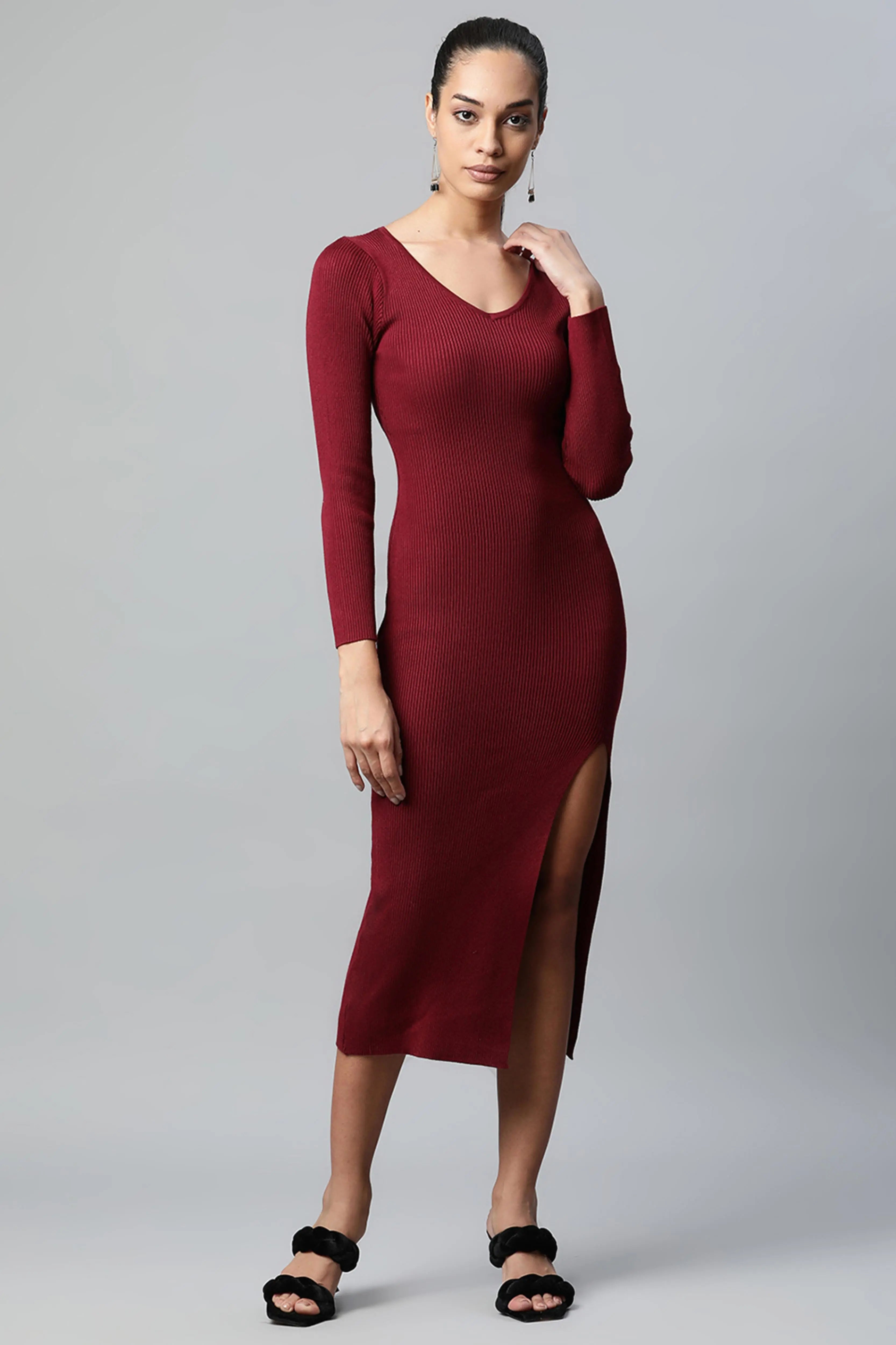 Wine Solid Viscose Dress - Global Republic