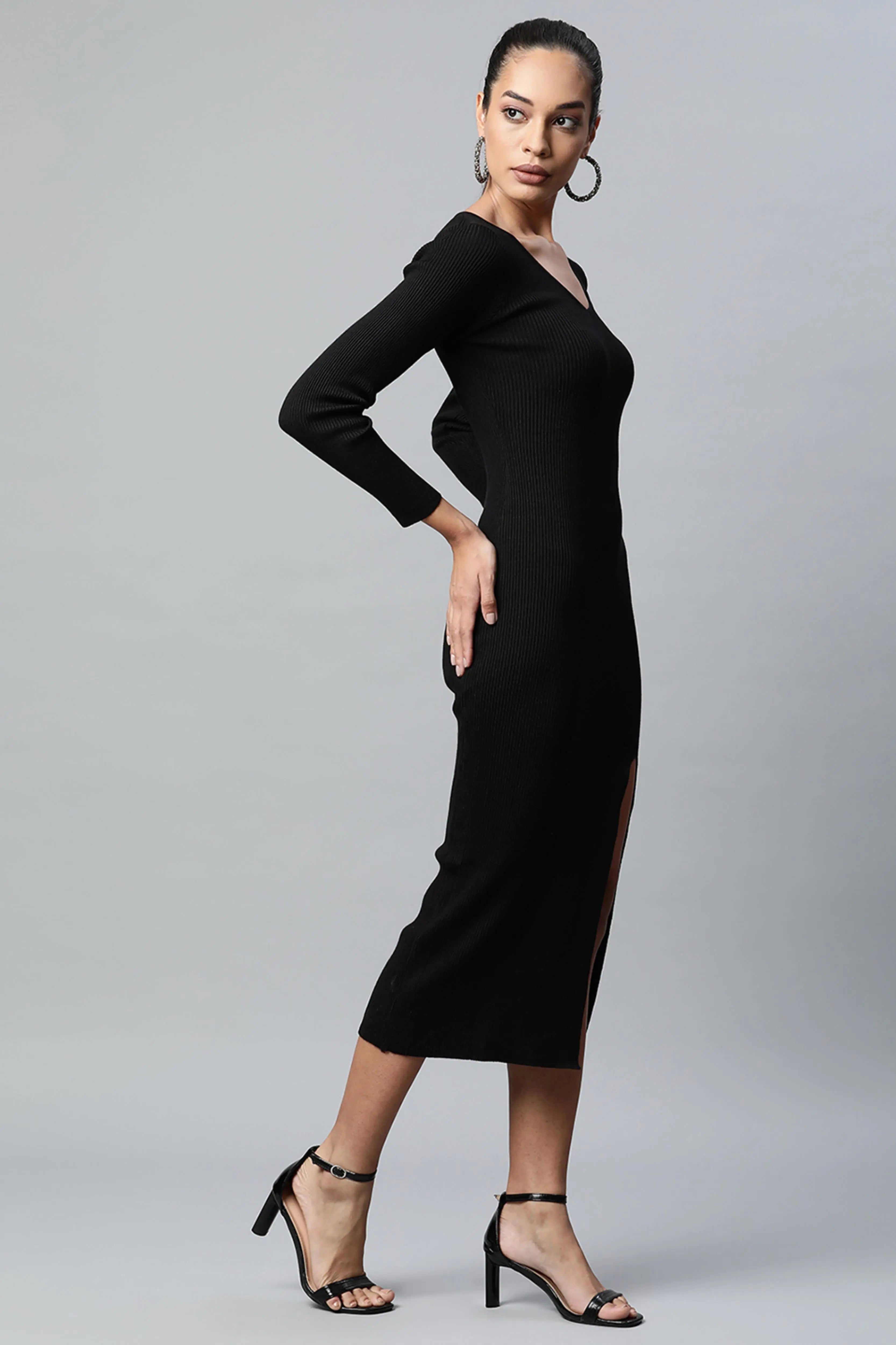 Black Solid Viscose Dress