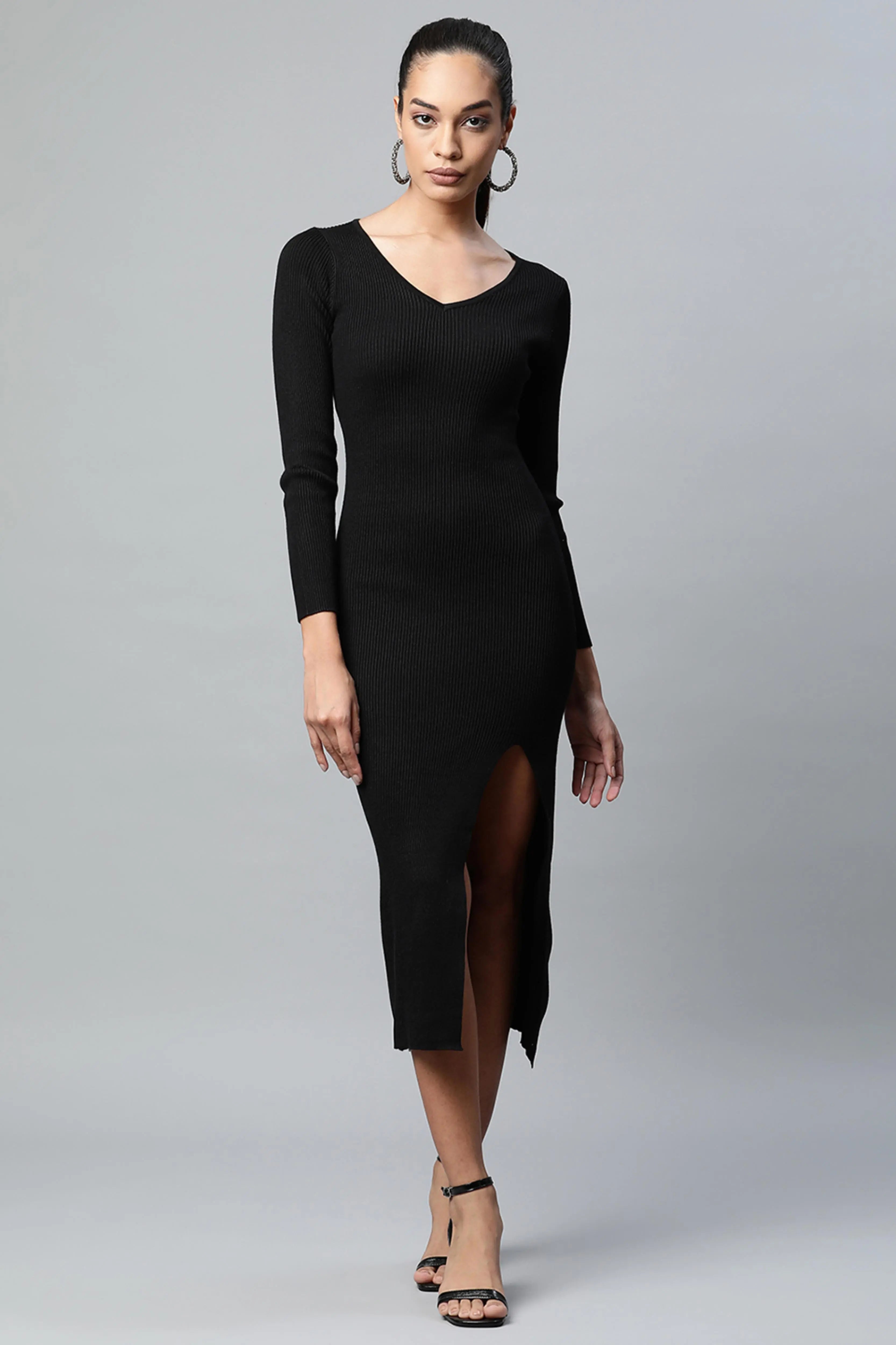 Black Solid Viscose Dress