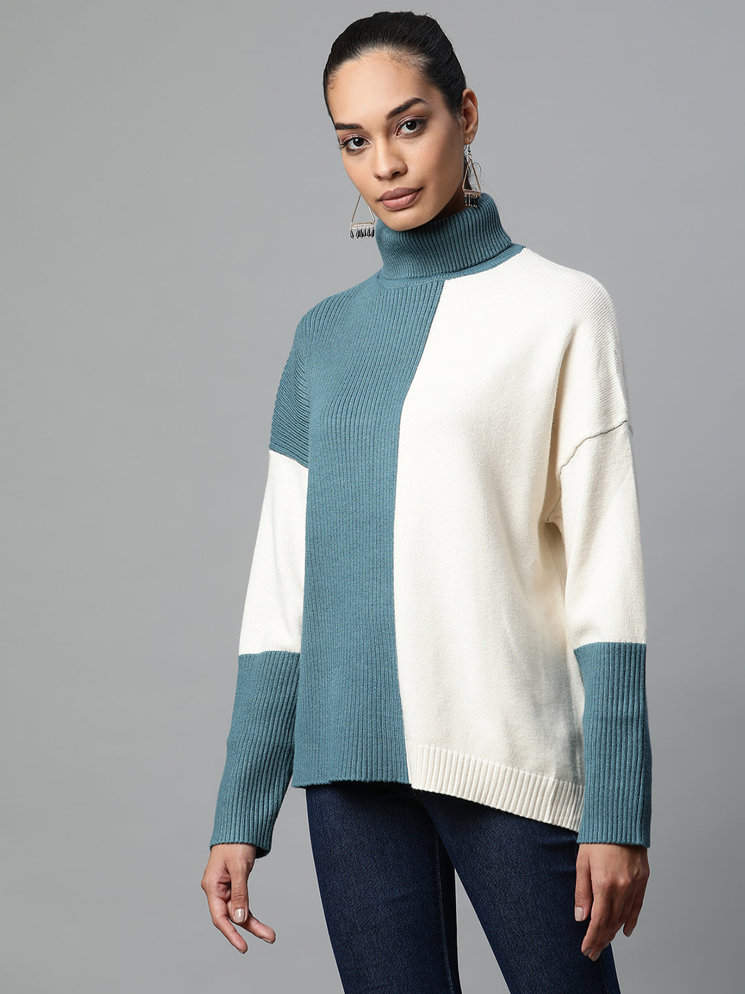 Teal & Off White Solid Rayon Pullover - Global Republic