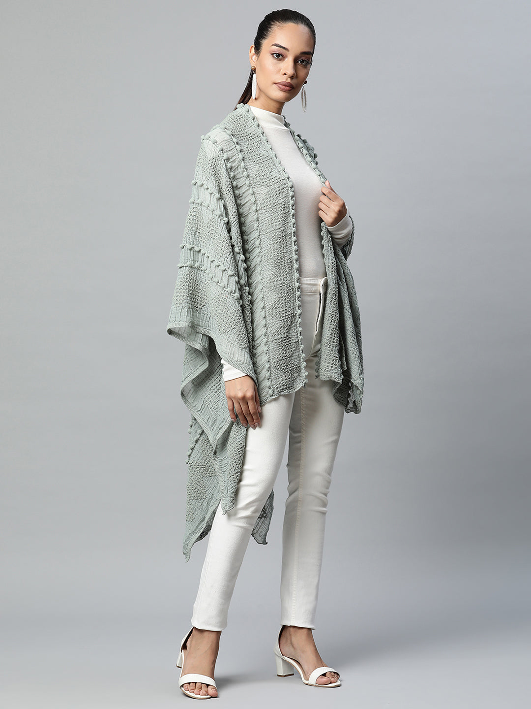 Green Free Fall Textured Quarter Sleeves Cape - Global Republic
