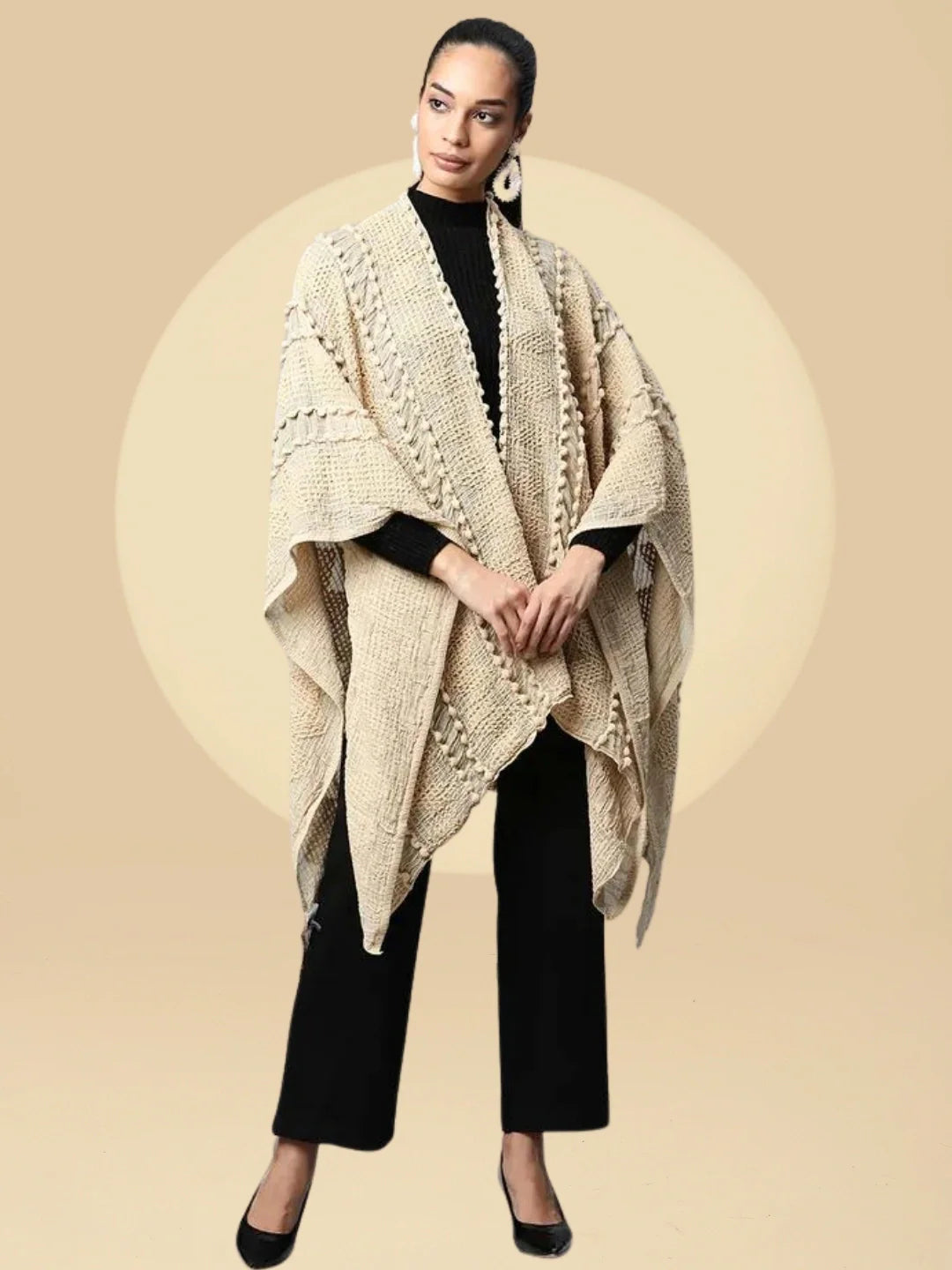 Women Beige Free Fall Textured Cape - Global Republic