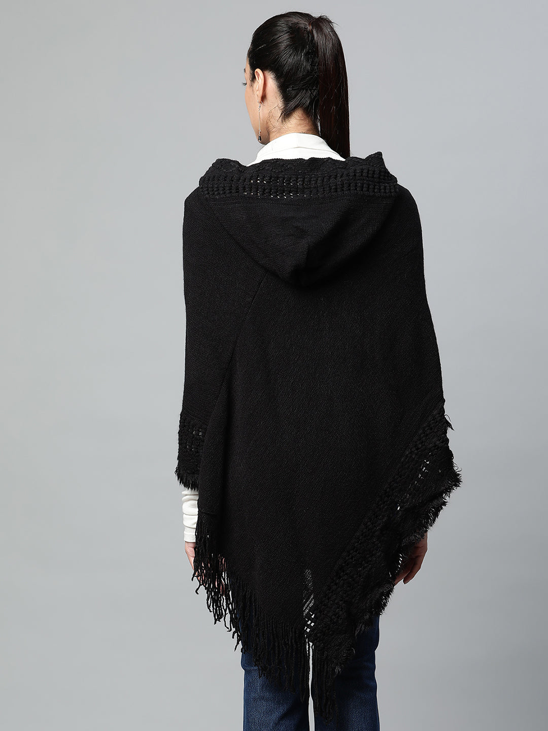 Women Black Hooded Lace-Up Asymmetric Poncho - Global Republic