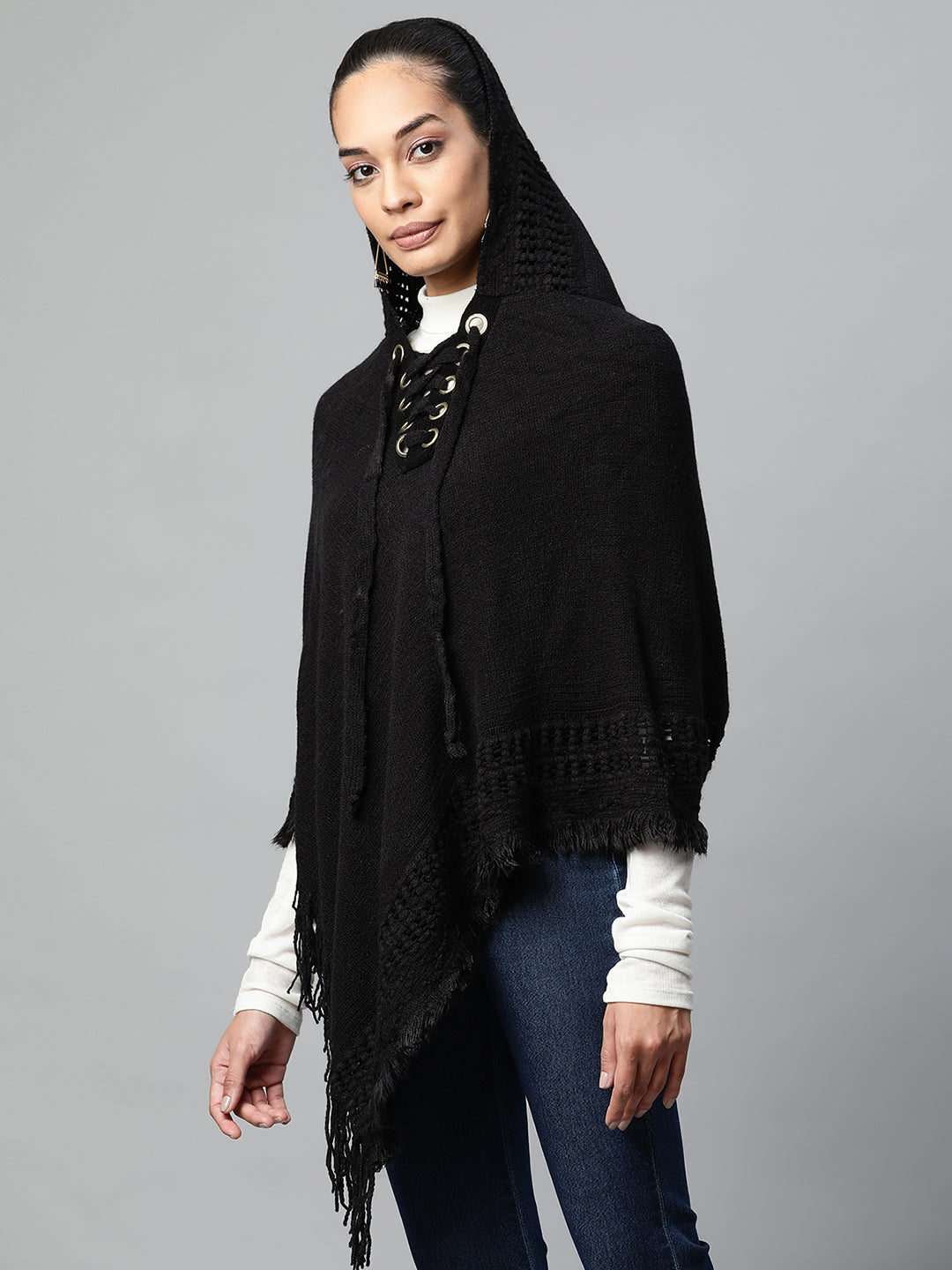 Women Black Hooded Lace-Up Asymmetric Poncho - Global Republic