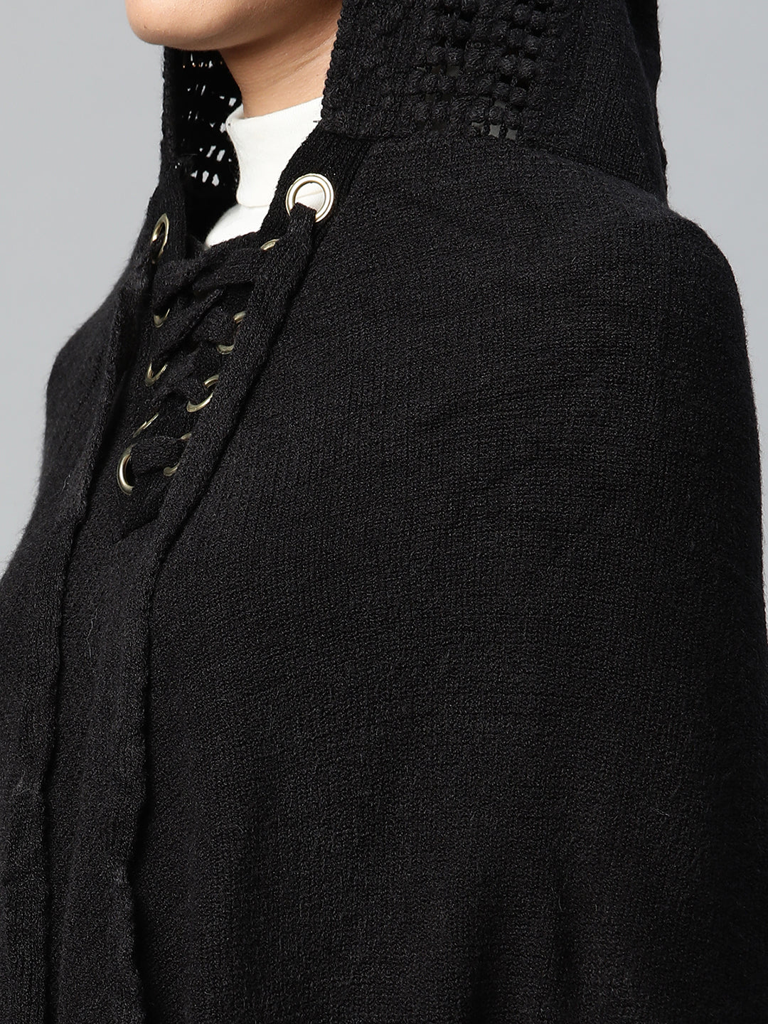 Women Black Hooded Lace-Up Asymmetric Poncho - Global Republic