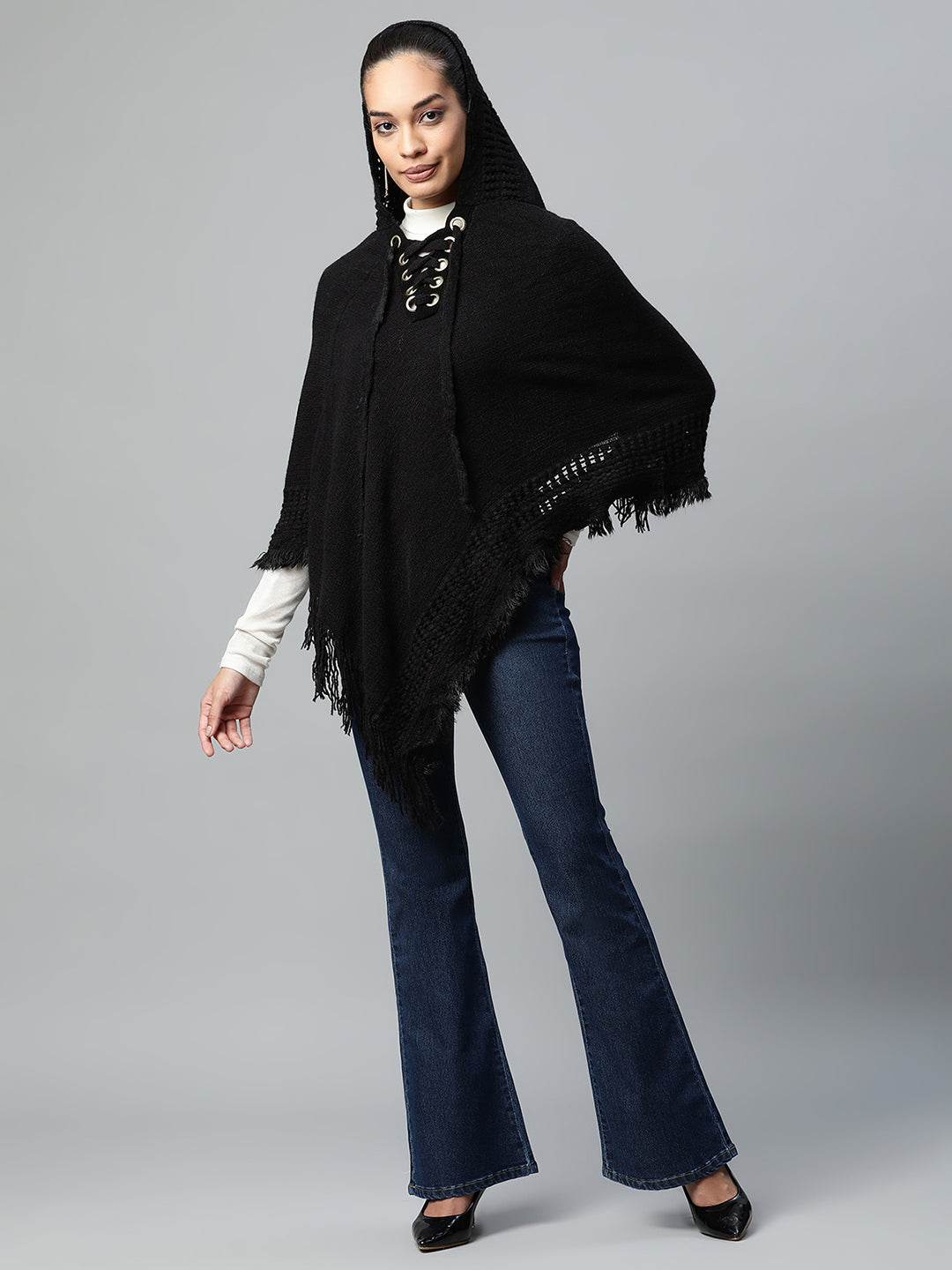 Women Black Hooded Lace-Up Asymmetric Poncho - Global Republic