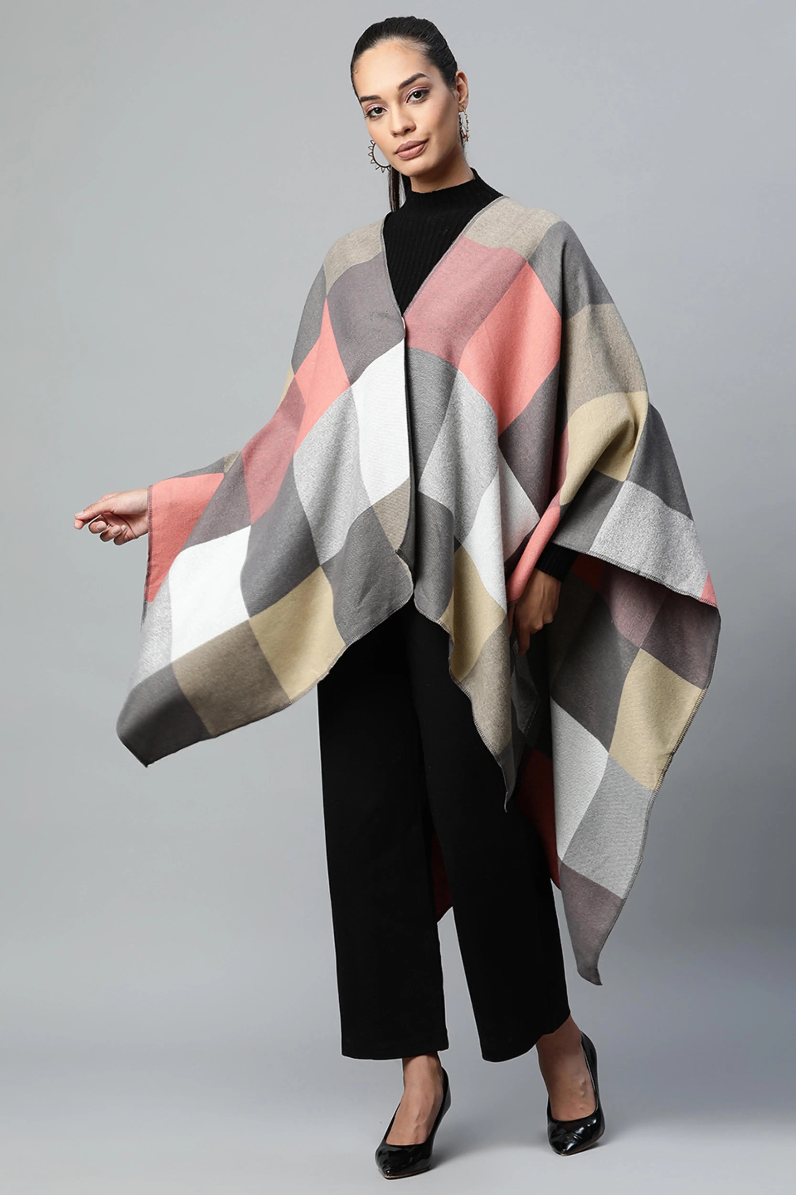 Multicolor Colorblocked Checkered Cape - Global Republic