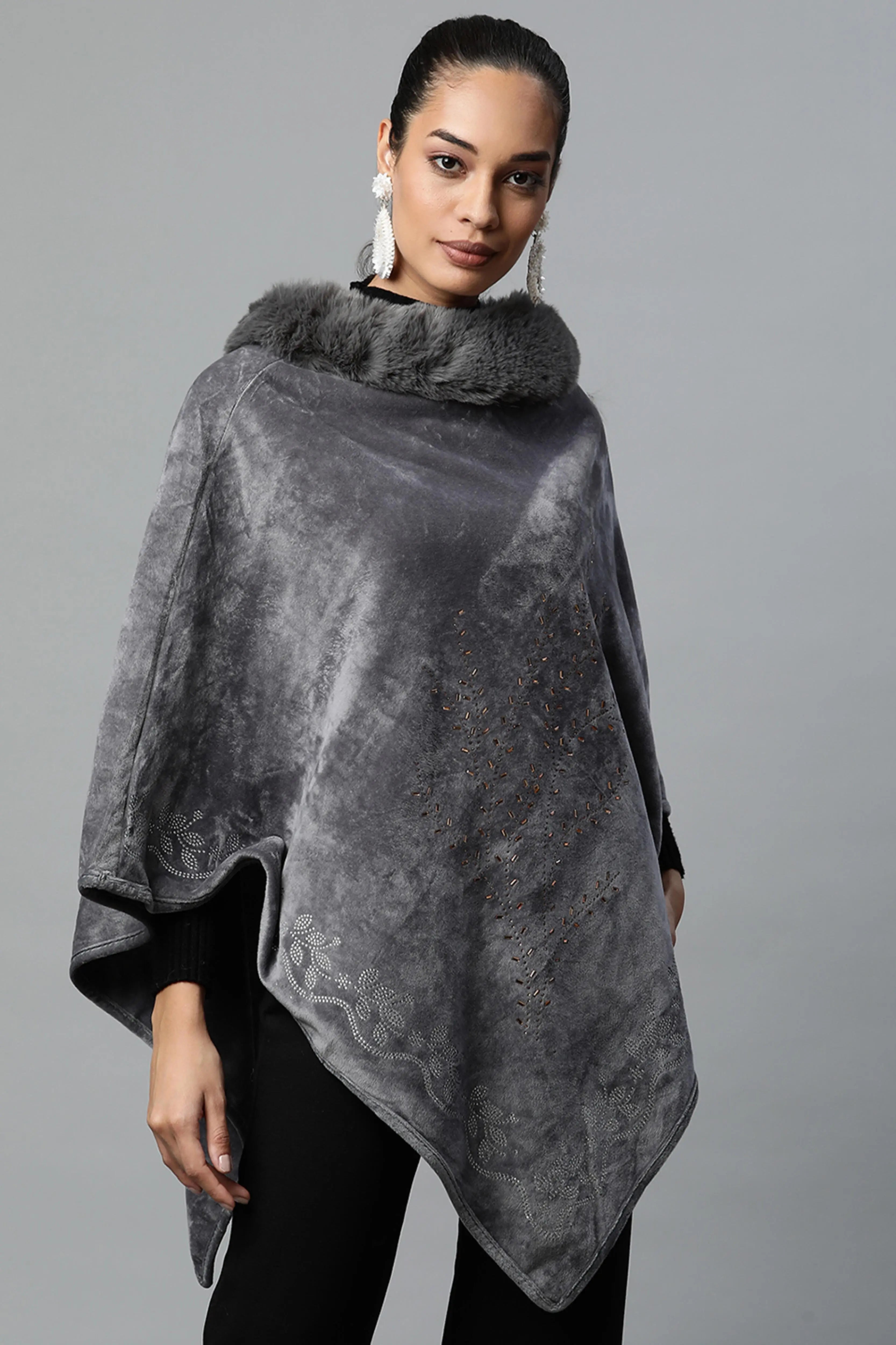Grey Furry Neck Embellished Velvet Poncho - Global Republic