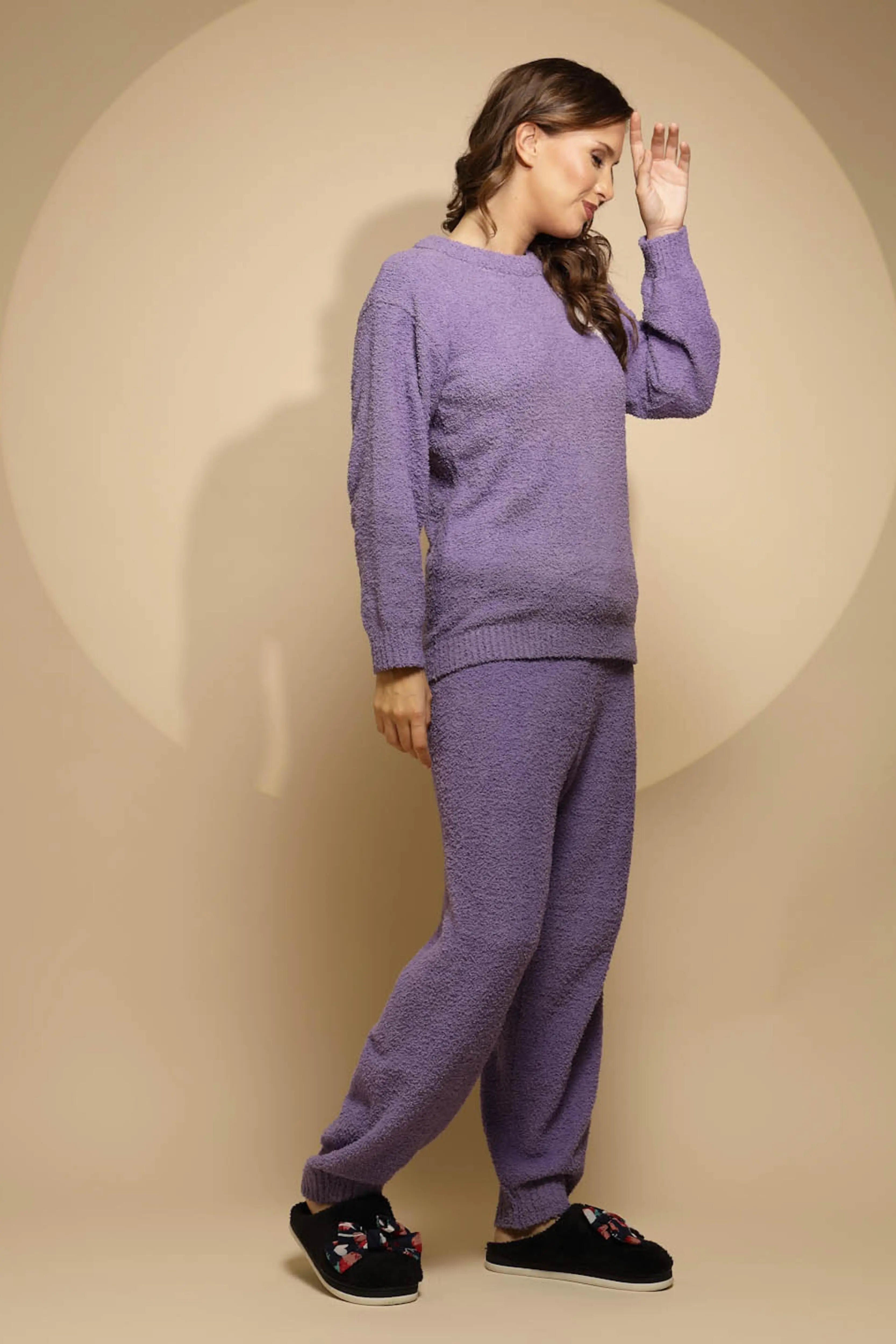 Purple Solid Full Sleeve Round Neck Night Suit - Global Republic