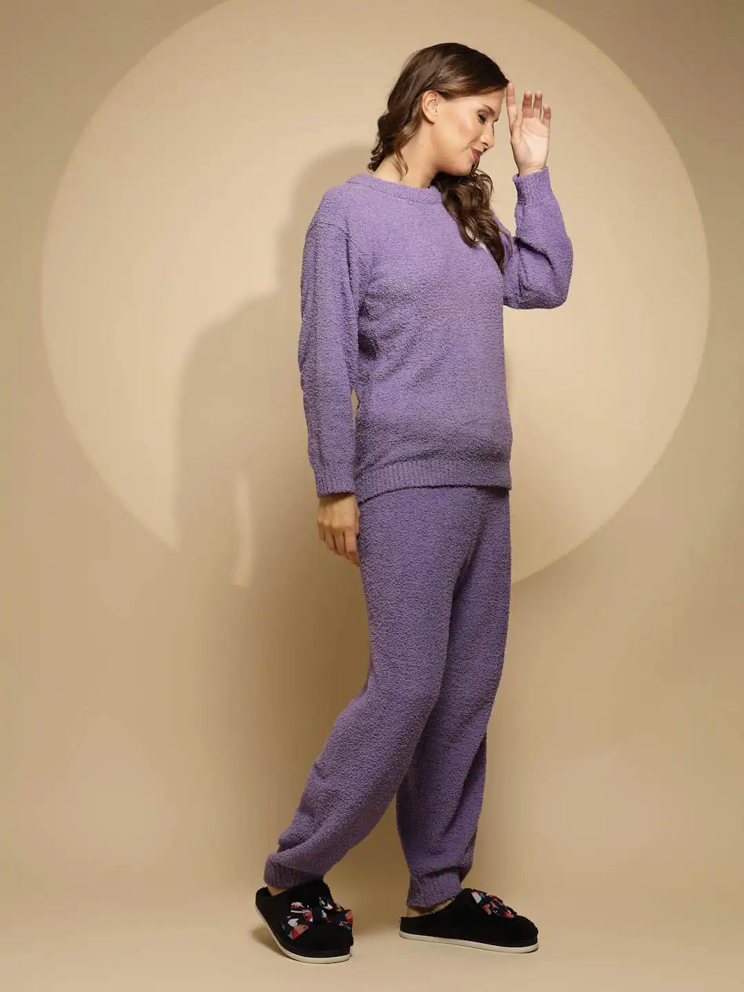 Purple Solid Full Sleeve Round Neck Night Suit - Global Republic