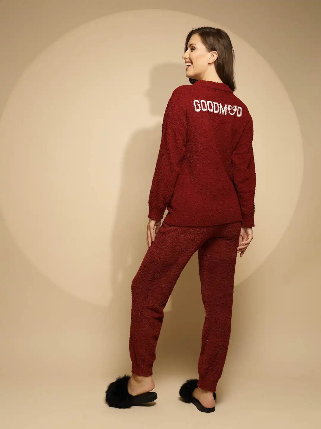 Red Solid Full Sleeve Round Neck Night Suit - Global Republic