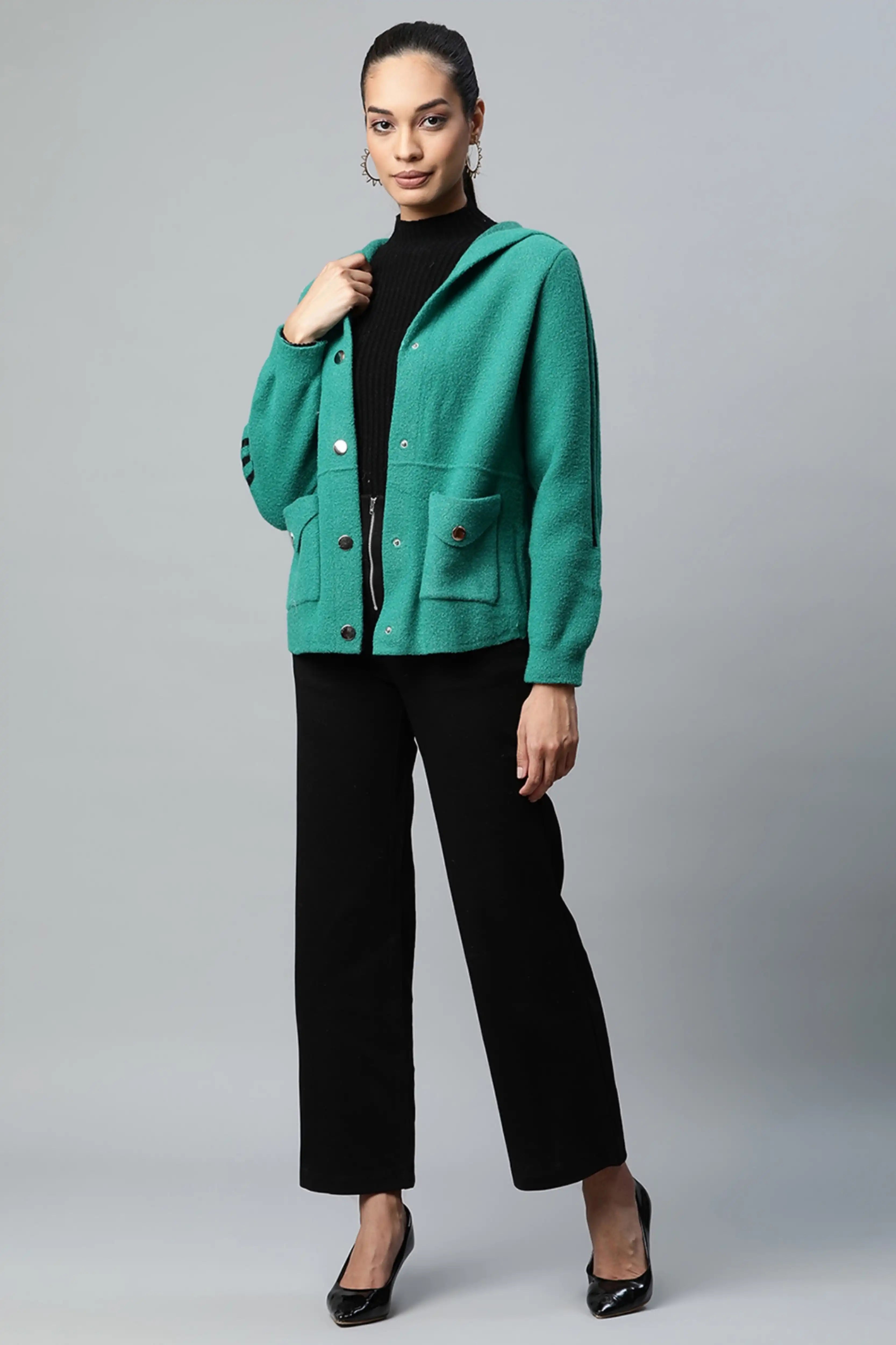 Green Hooded Zipper Jacket