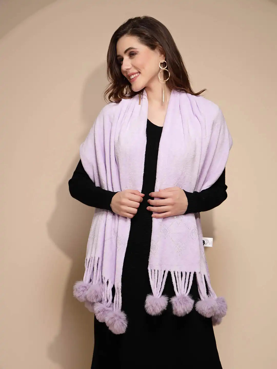 Mauve Embroidered Fur Ball Style Stole - Global Republic