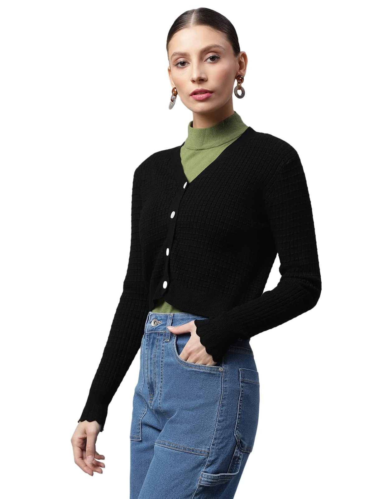 Black Jacquard Crop Cardigan - Global Republic