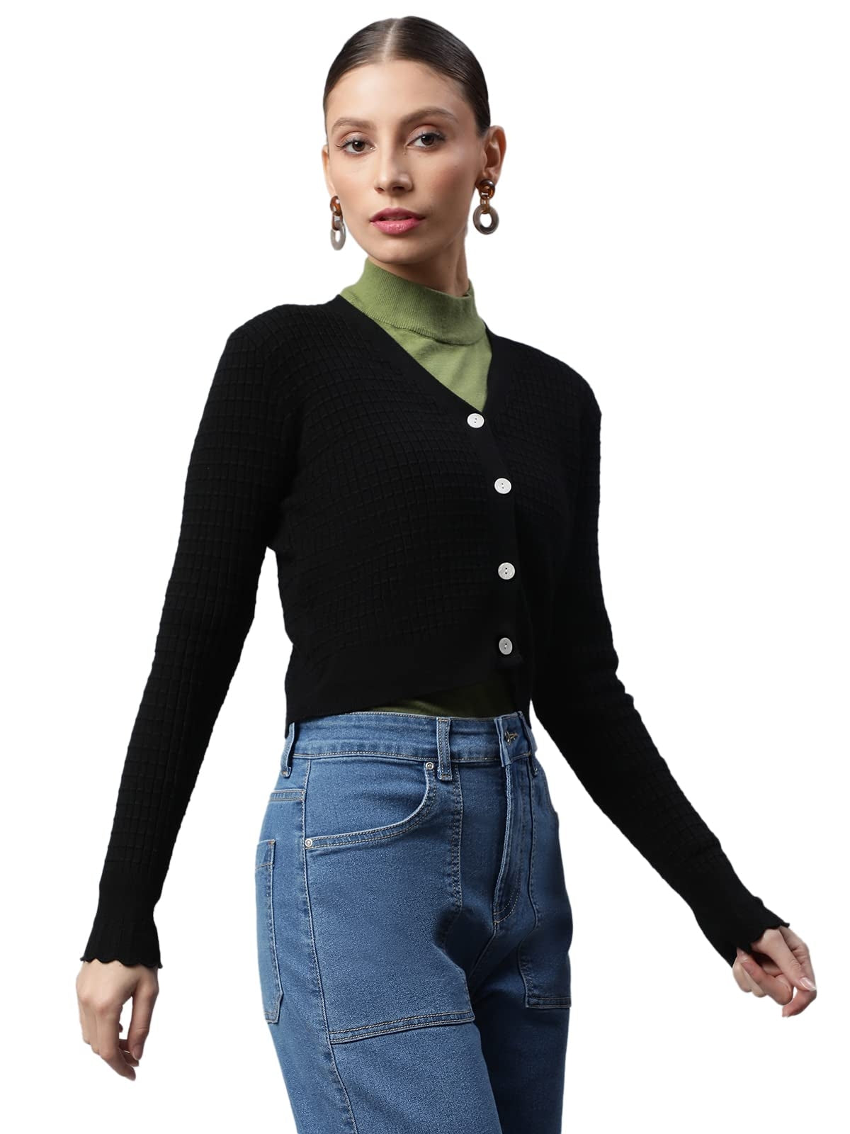 Black Jacquard Crop Cardigan - Global Republic